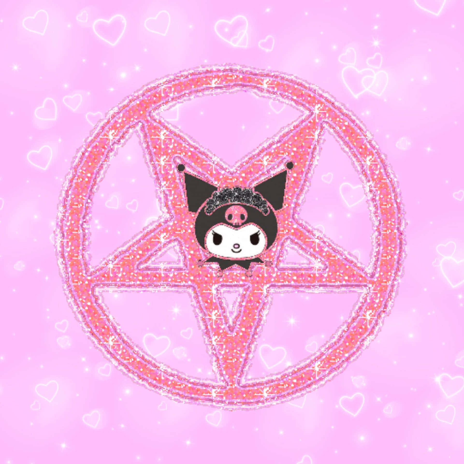 Kuromi 哥特風美學：五芒星背景 壁紙 — 一個可愛的黑白卡通角色坐在閃閃發光的粉紅色五角星內，周圍環繞著漂浮的心形，背景為粉紅色。