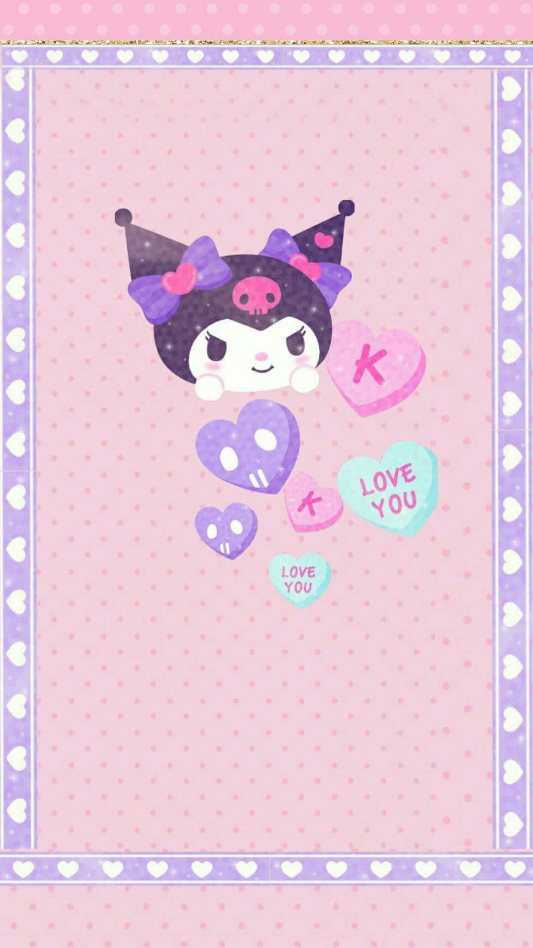 Kuromi Aesthetic 桌布 壁紙 — Kuromi 喺粉紅色圓點背景同心形邊框後面，喺浮動心形後面偷望。