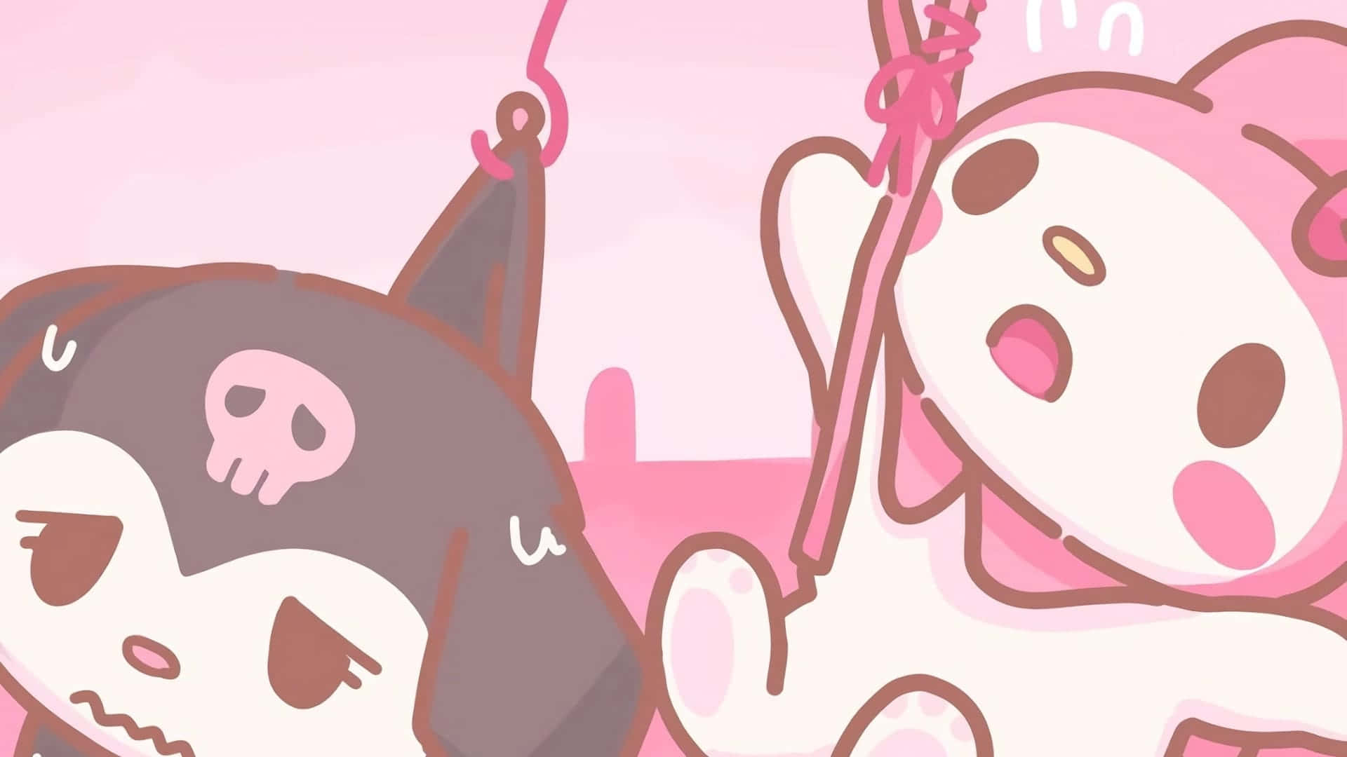 Kuromi 桌面壁紙主題 壁紙 — 兩個可愛嘅卡通角色，一個戴住骷髏帽，一個戴住粉紅色蝴蝶結，喺柔和粉紅色背景前表現出驚訝嘅表情。