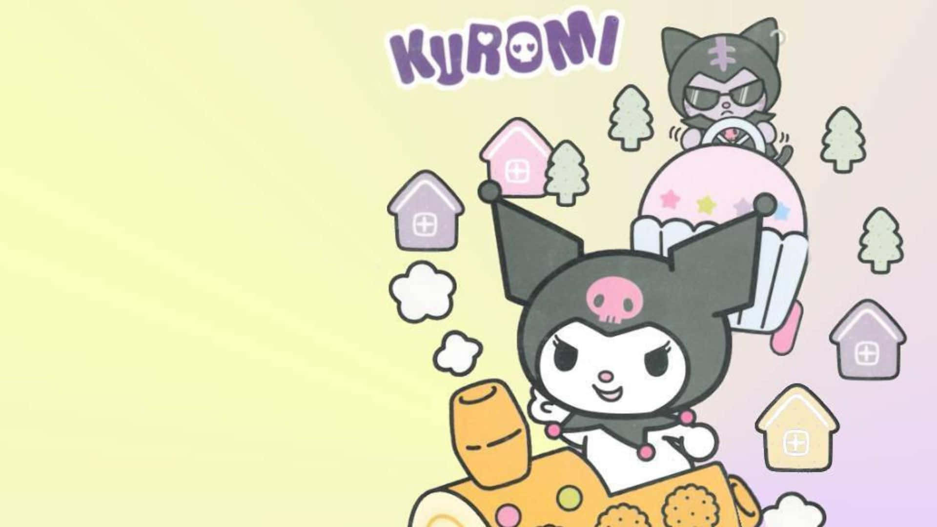 Kuromi Kawaii 桌布 壁紙 — Kuromi 騎著一個巨大的杯子蛋糕，穿過有漂浮房屋和樹木的粉彩天空。