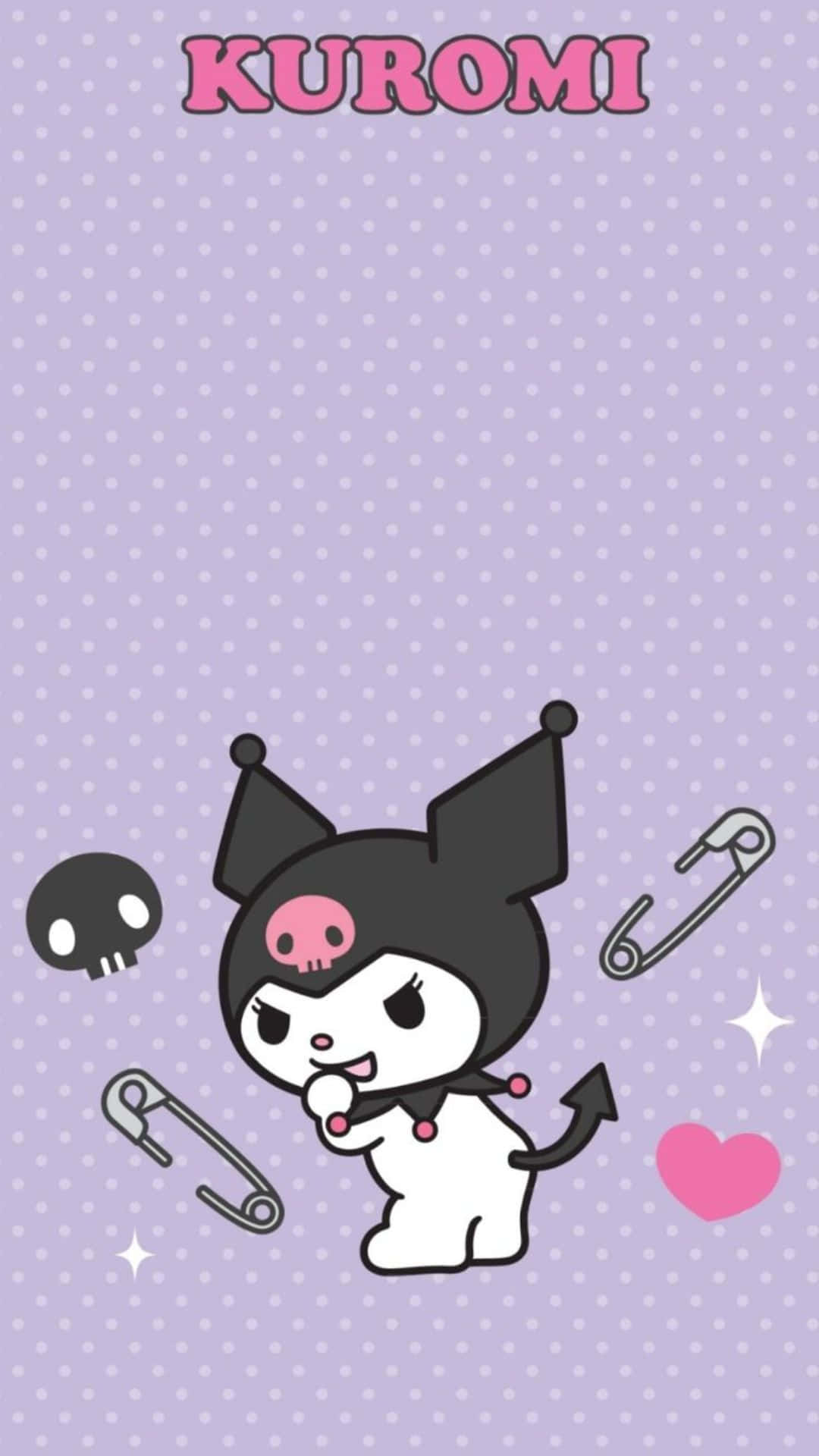 Kuromi Pattern 桌布 壁紙 — Kuromi 黑貓，帶有粉紅色骷髏頭和安全別針，漂浮在薰衣草圓點背景上。