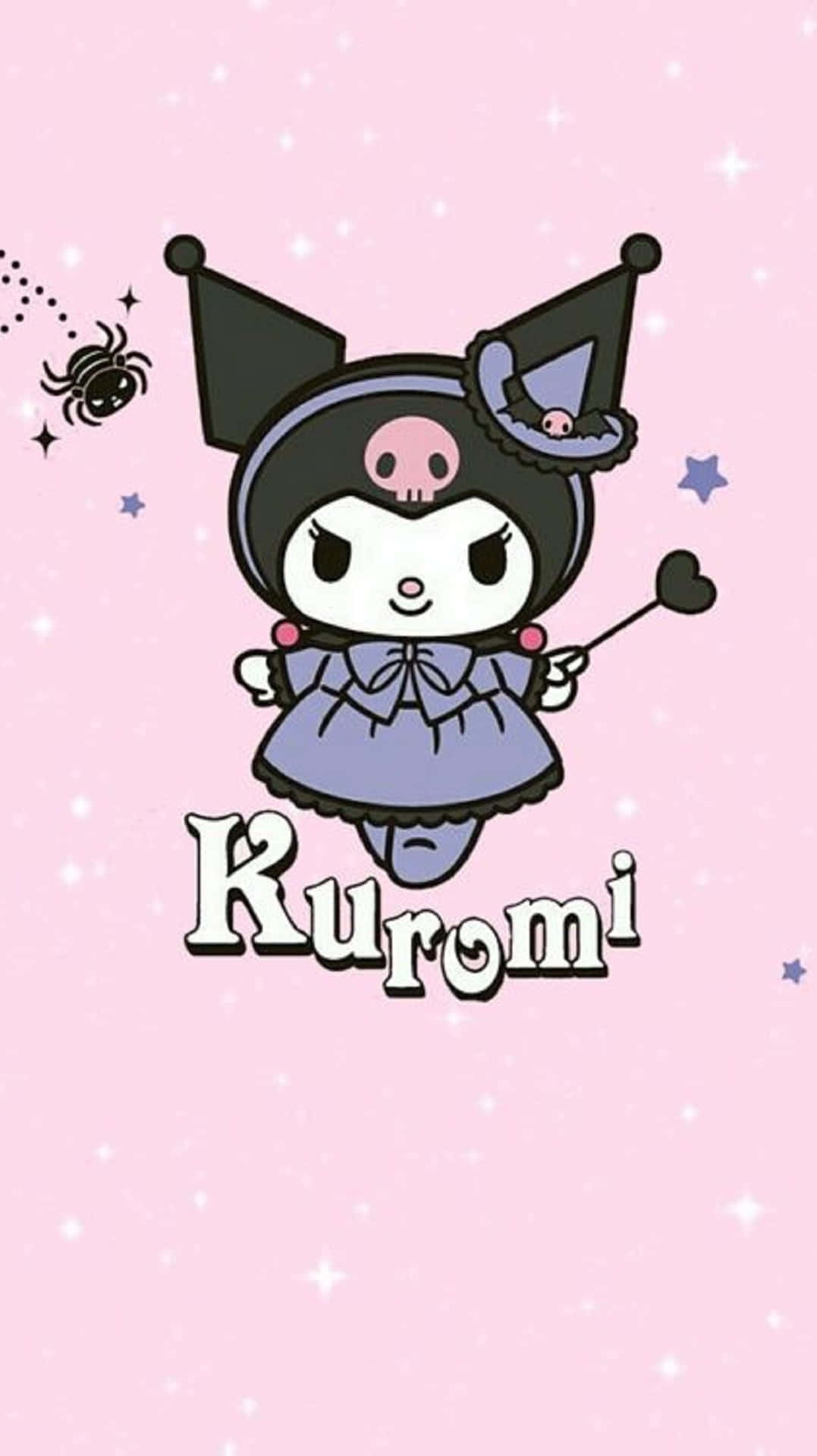 Kuromi Aesthetic 桌布 壁紙 — Kuromi 黑貓穿著紫色女巫服裝，在閃爍的粉紅色背景上漂浮，背景有星星和蜘蛛。