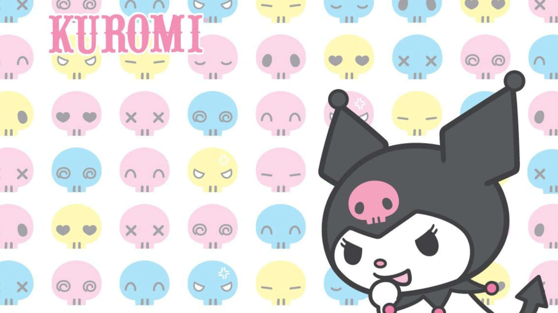 Kuromi Pattern 桌布 壁紙 — Kuromi卡通角色，戴黑色連帽衫和粉紅色骷髏標誌，在重複的粉彩骷髏圖案背景上頑皮地微笑。
