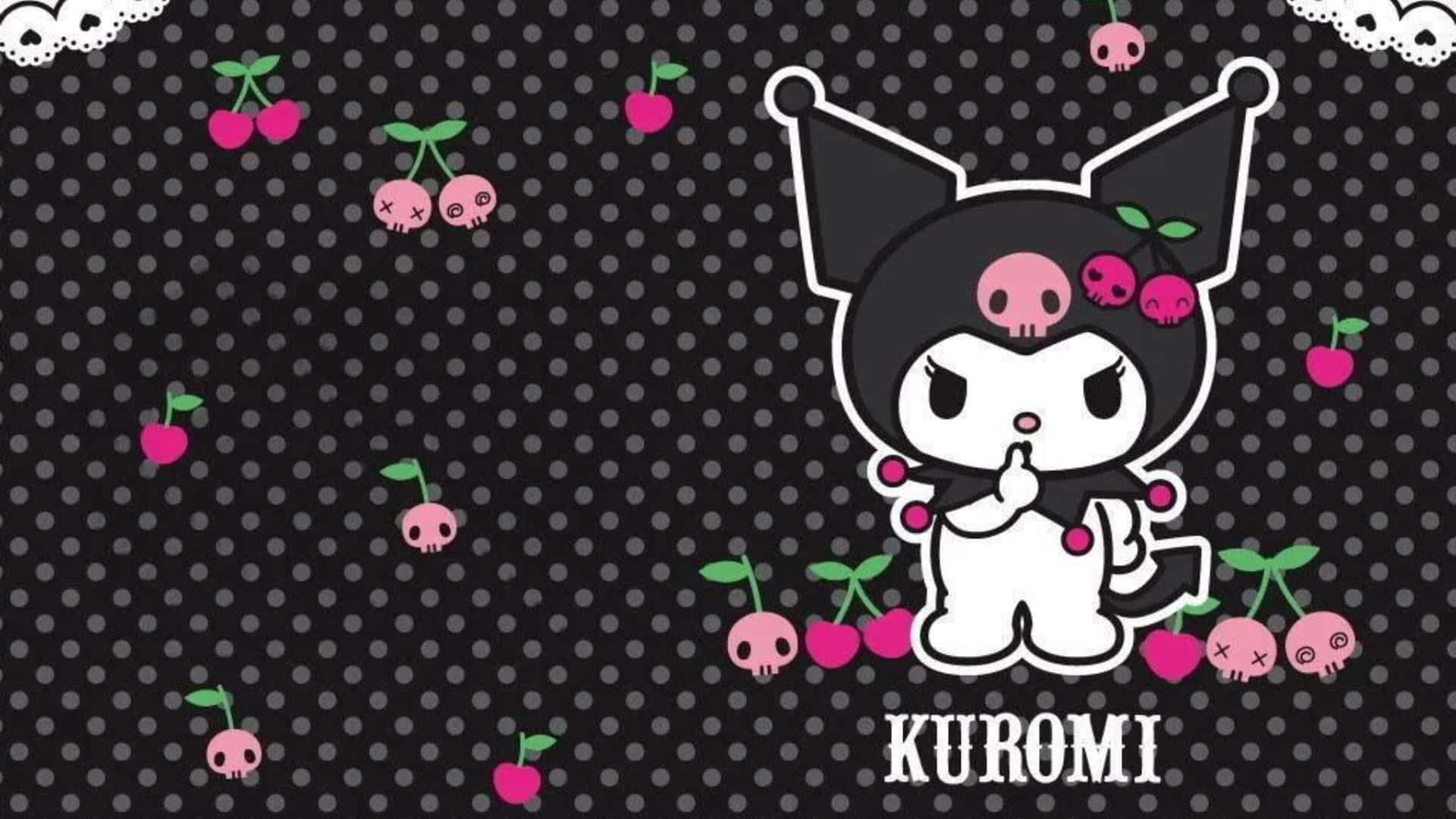 Kuromi Pattern 桌布 壁紙 — Kuromi卡通角色，黑色圓點背景上有粉紅色櫻桃骷髏。