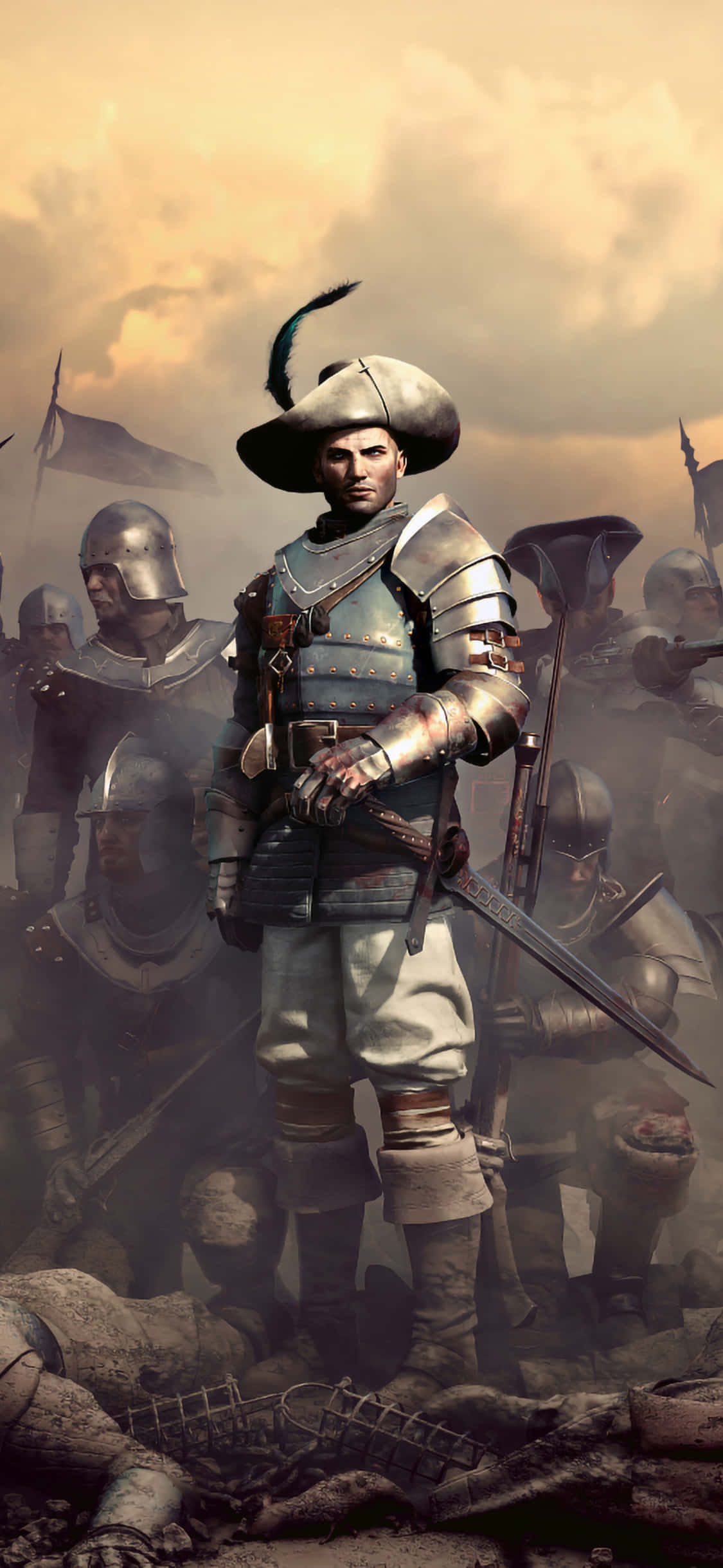 Kurt iPhone X《Greedfall》背景 壁紙 — 一位嚴肅的裝甲士兵戴著羽毛帽，在暴風雨的天空下，挑釁地站在倒下的戰友和戰鬥殘骸中。