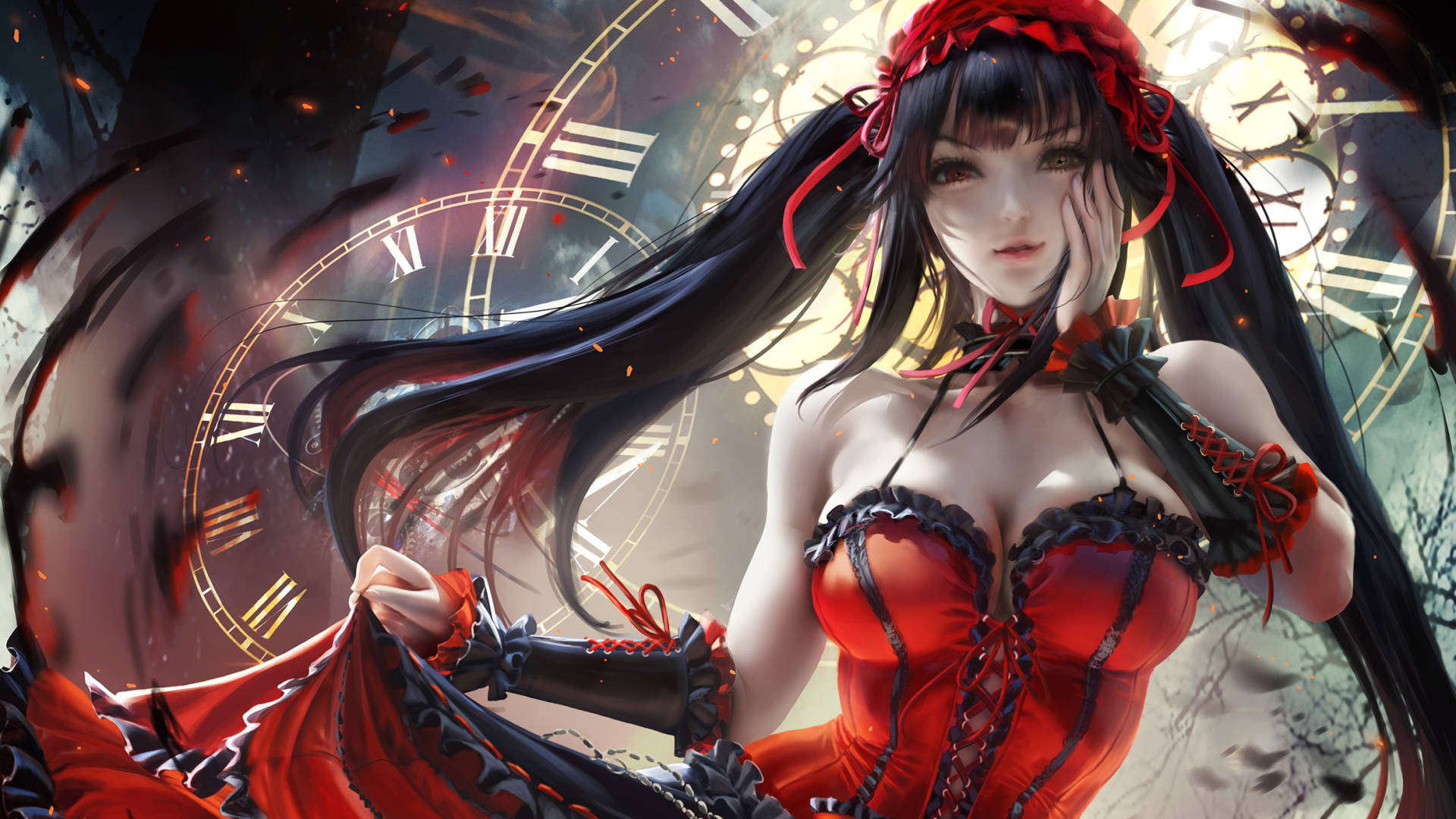Kurumi Tokisaki 風格動漫頭像 壁紙 — 一個引人注目的動漫女孩，身穿紅色緊身胸衣和黑色蕾絲，站在破碎的時鐘中，熾熱的火花在她周圍旋轉。