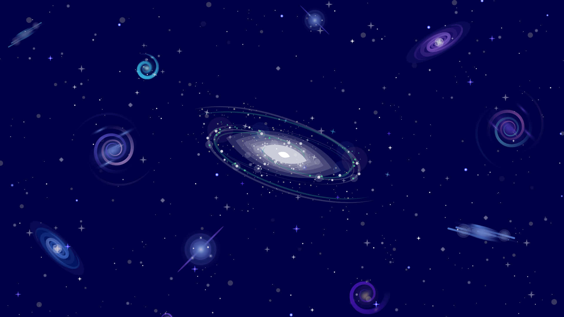 Kurzgesagt 各種星系 壁紙 — 一個宇宙場景，中央有一個螺旋星系，周圍環繞著較小的星系和閃爍的星星，背景是深藍色的太空。
