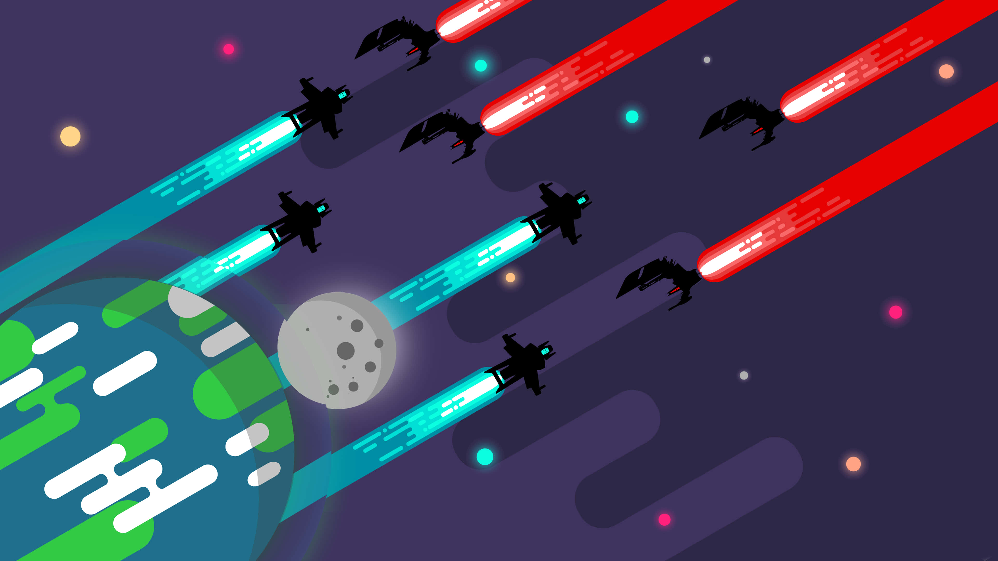 Kurzgesagt 外星入侵者 壁紙 — 剪影太空船在綠色行星和月球附近的一場充滿活力的宇宙戰鬥中發射發光的激光。