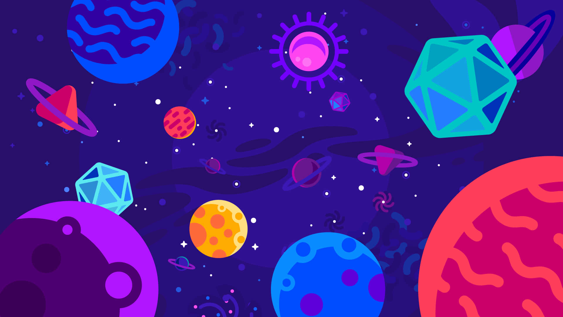 Kurzgesagt 多宇宙星系 壁紙 — 充滿活力的卡通行星和星星漂浮在深紫色的宇宙場景中，帶有幾何形狀和彩色環。