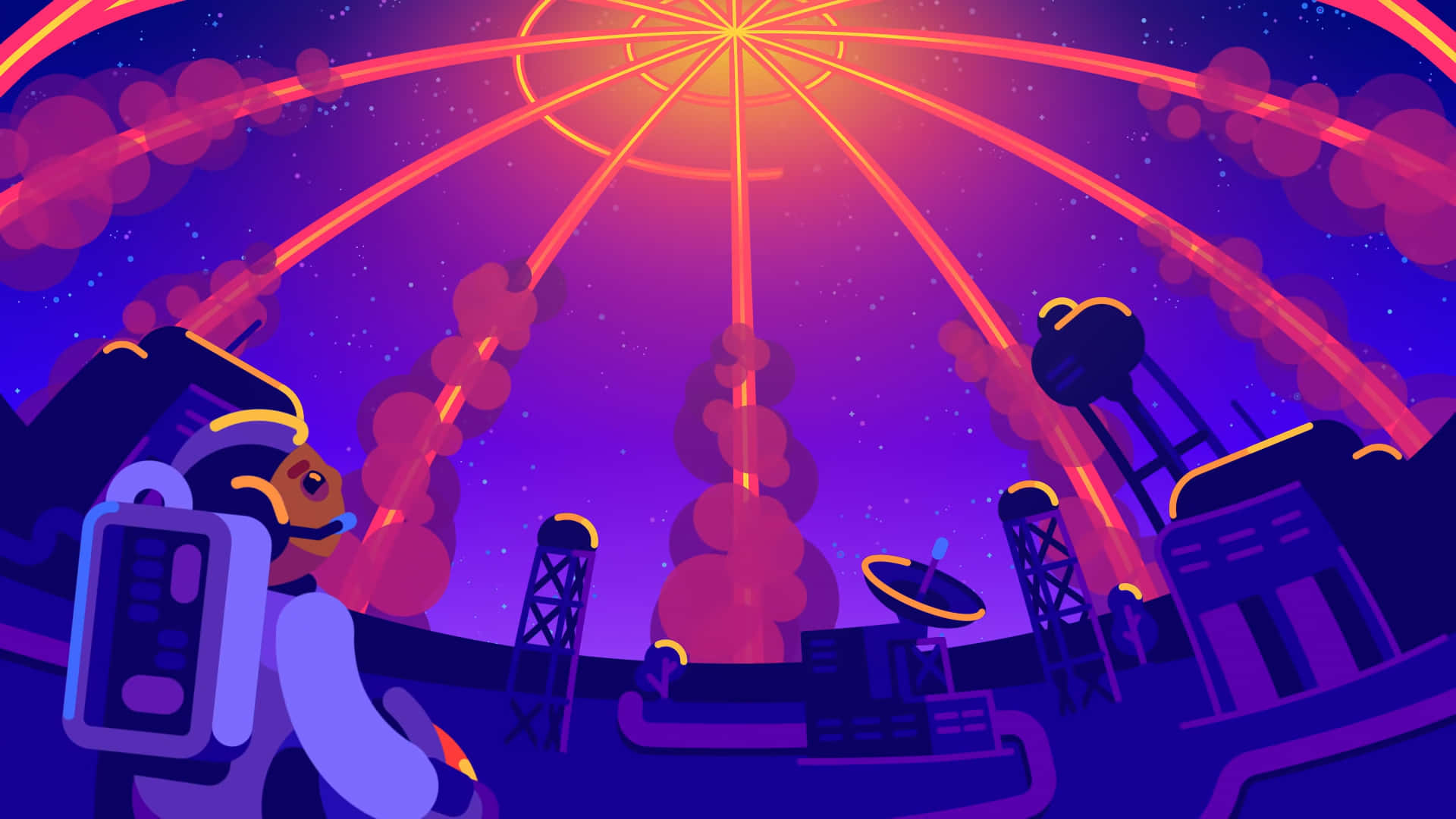 Kurzgesagt 太空站 壁紙 — 一位身穿發光套裝的未來太空人，站在一個在星紫色天空下、科幻城市景觀上方散發光芒的橙色能量穹頂前。