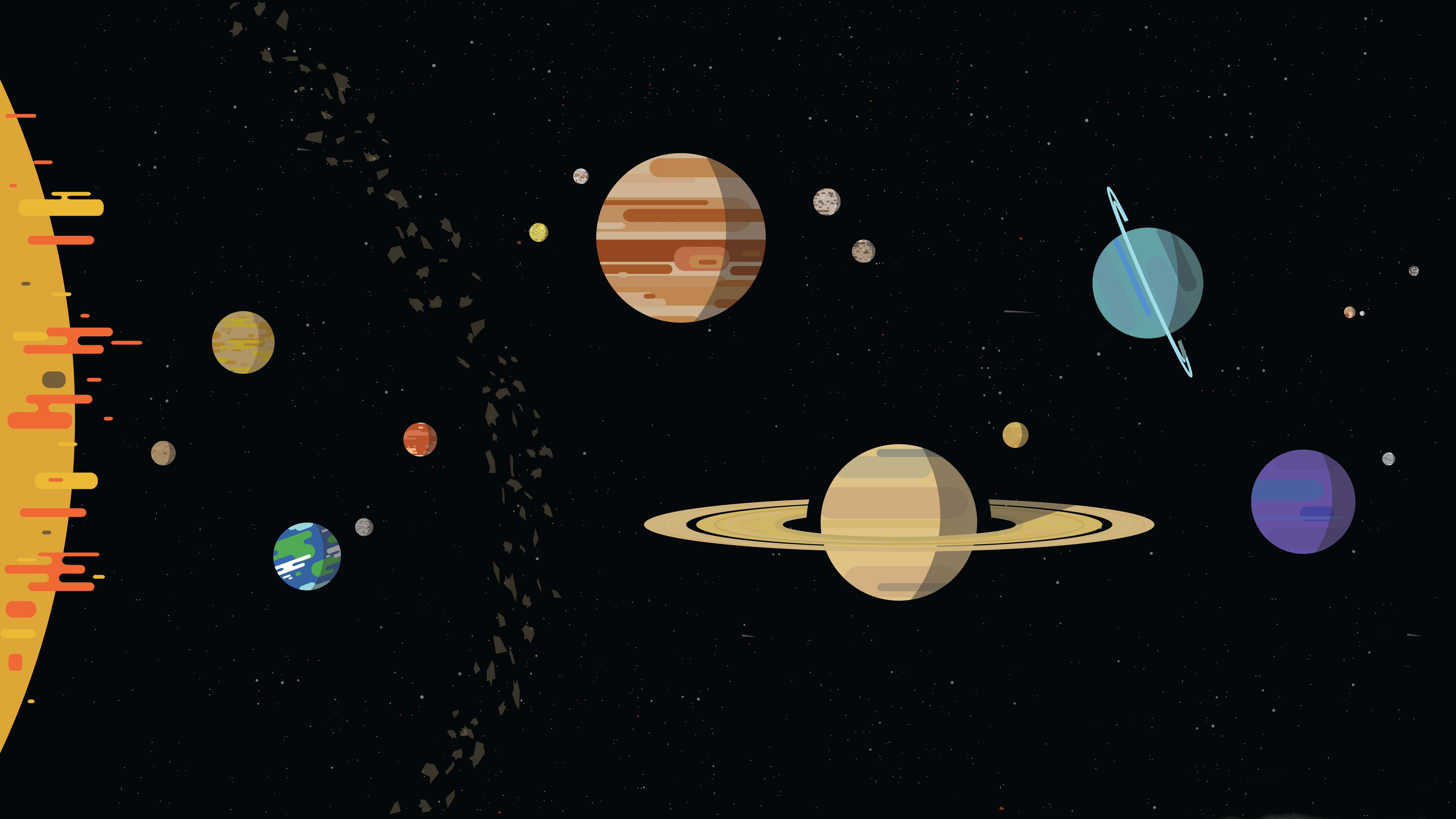 Kurzgesagt 太陽系 壁紙 — 一個充滿活力的卡通風格太陽系，土星和木星等行星在星光閃爍的黑色背景上漂浮。