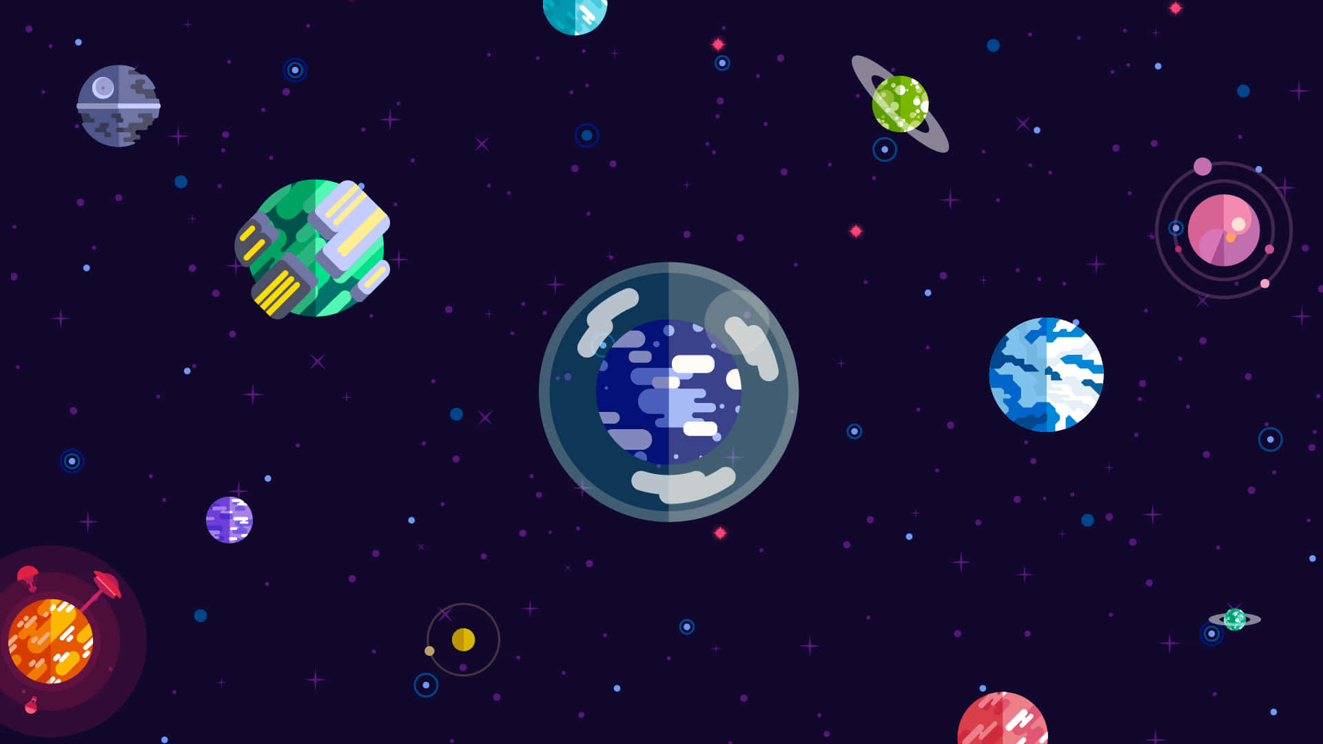 Kurzgesagt 太陽系行星 壁紙 — 一幅充滿活力的數位插圖，描繪了在深紫色宇宙虛空中漂浮的彩色行星和星星。