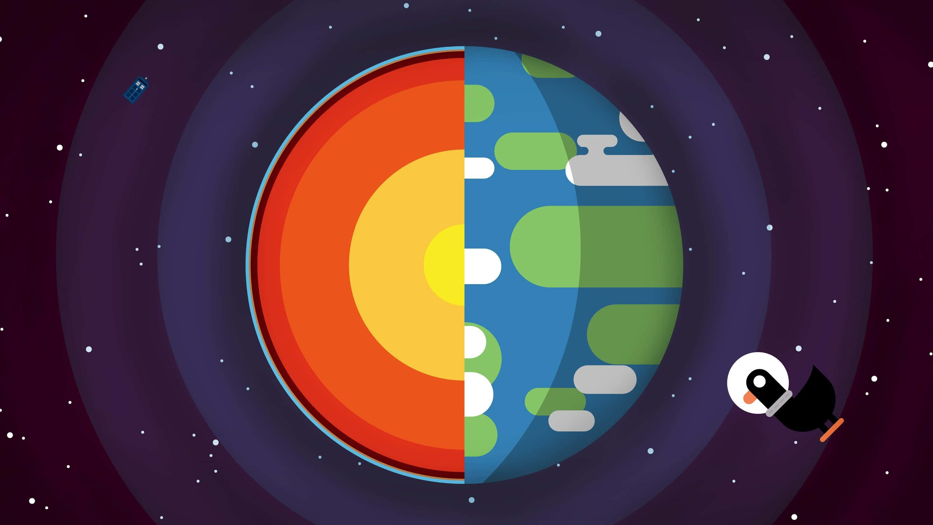 Kurzgesagt 太陽與地球 壁紙 — 一個風格化的行星被分成兩半，顯示出熾熱的核心和帶有雲層的綠藍色表面，背景是繁星點點的宇宙。