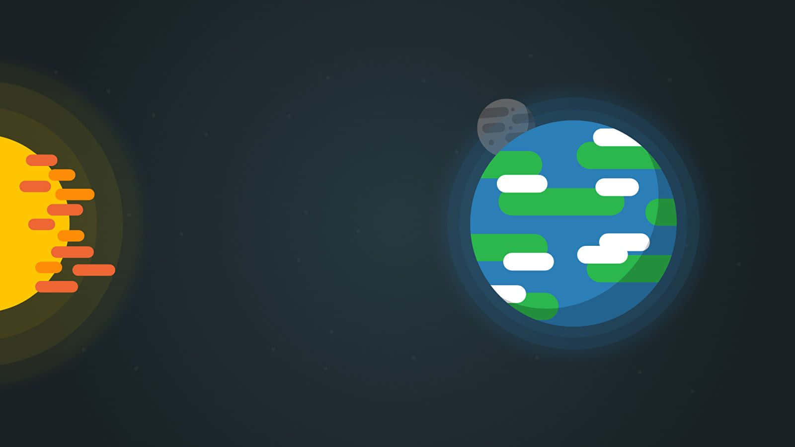 Kurzgesagt 太陽與地球 壁紙 — 一個風格化的扁平地球設計，帶有雲和月亮，旁邊是一個在黑暗太空背景下發出橙色光線的太陽。