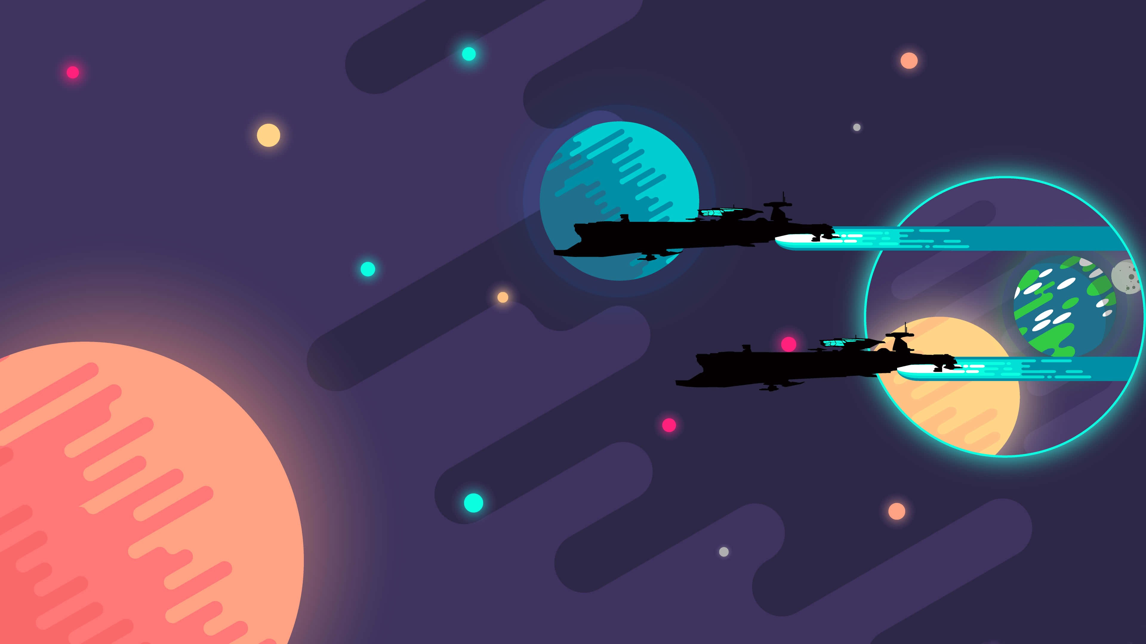 Kurzgesagt 宇宙飛船 壁紙 — 兩艘流線型太空船穿越充滿活力的宇宙場景，有發光的行星和霓虹星星。