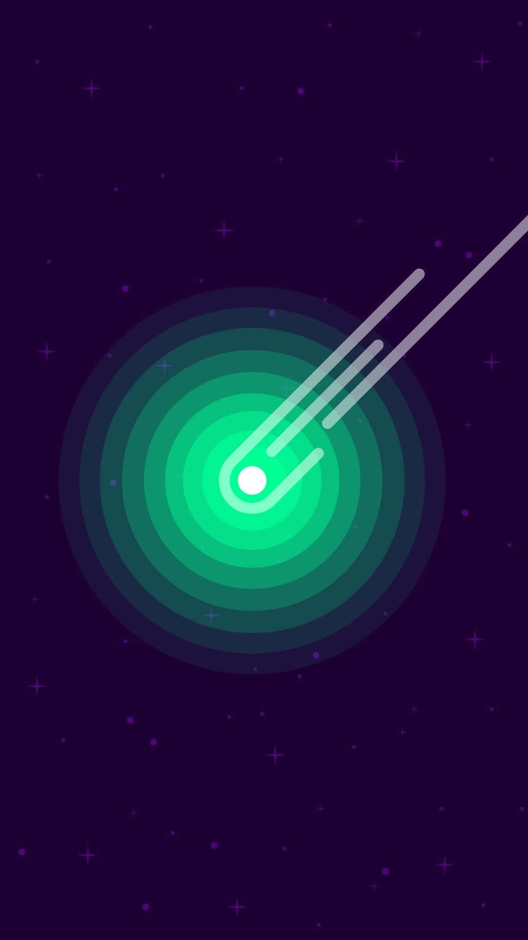 Kurzgesagt 宇宙鳥瞰圖 壁紙 — 一顆發光的綠色彗星劃過繁星點點的紫色夜空，留下同心圓的光環。