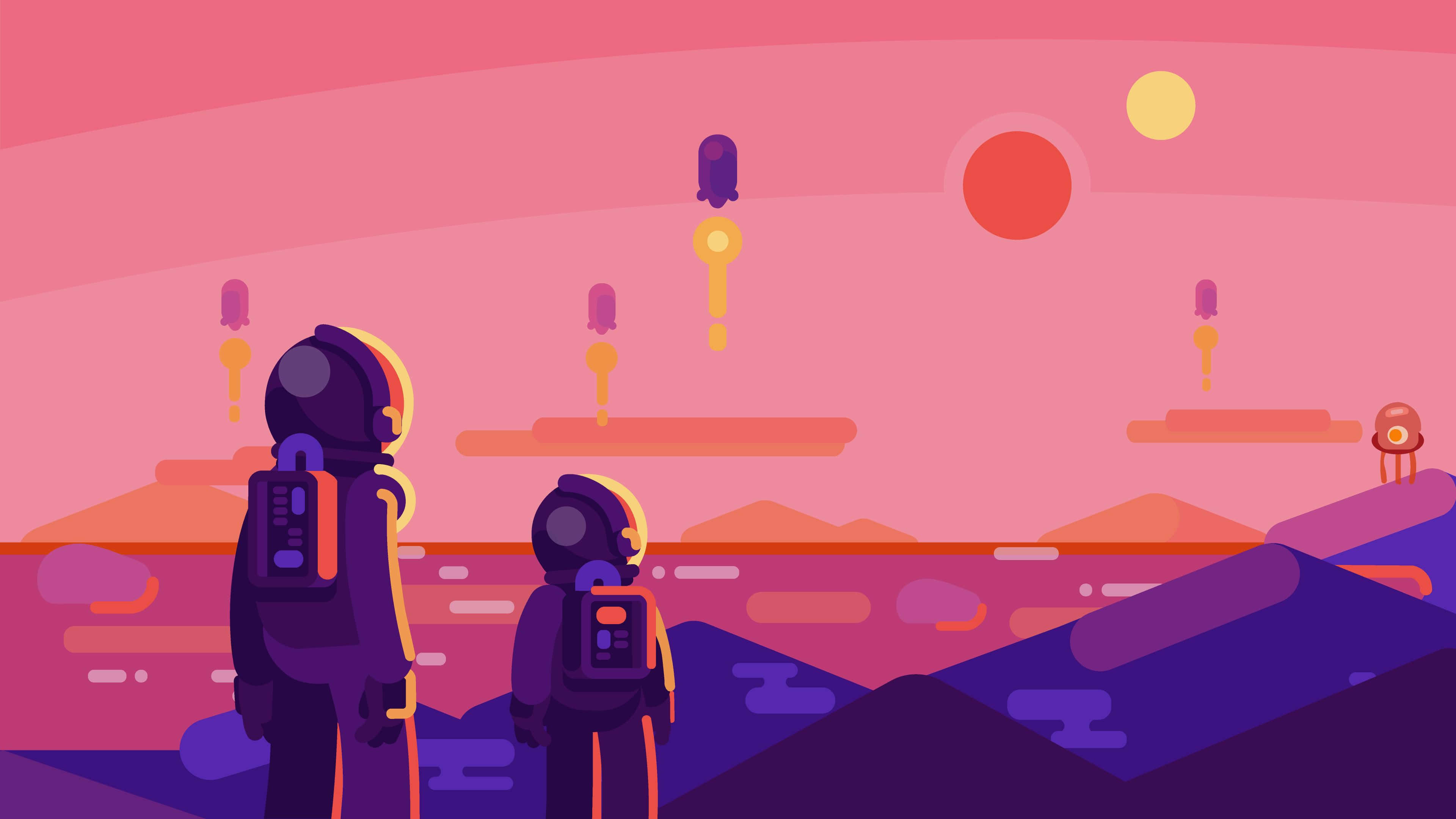 Kurzgesagt 宇航員 壁紙 — 兩名身穿紫色太空衣的太空人站在一個超現實的外星球上，有浮動平台和發光球體，天空是粉紅色的。