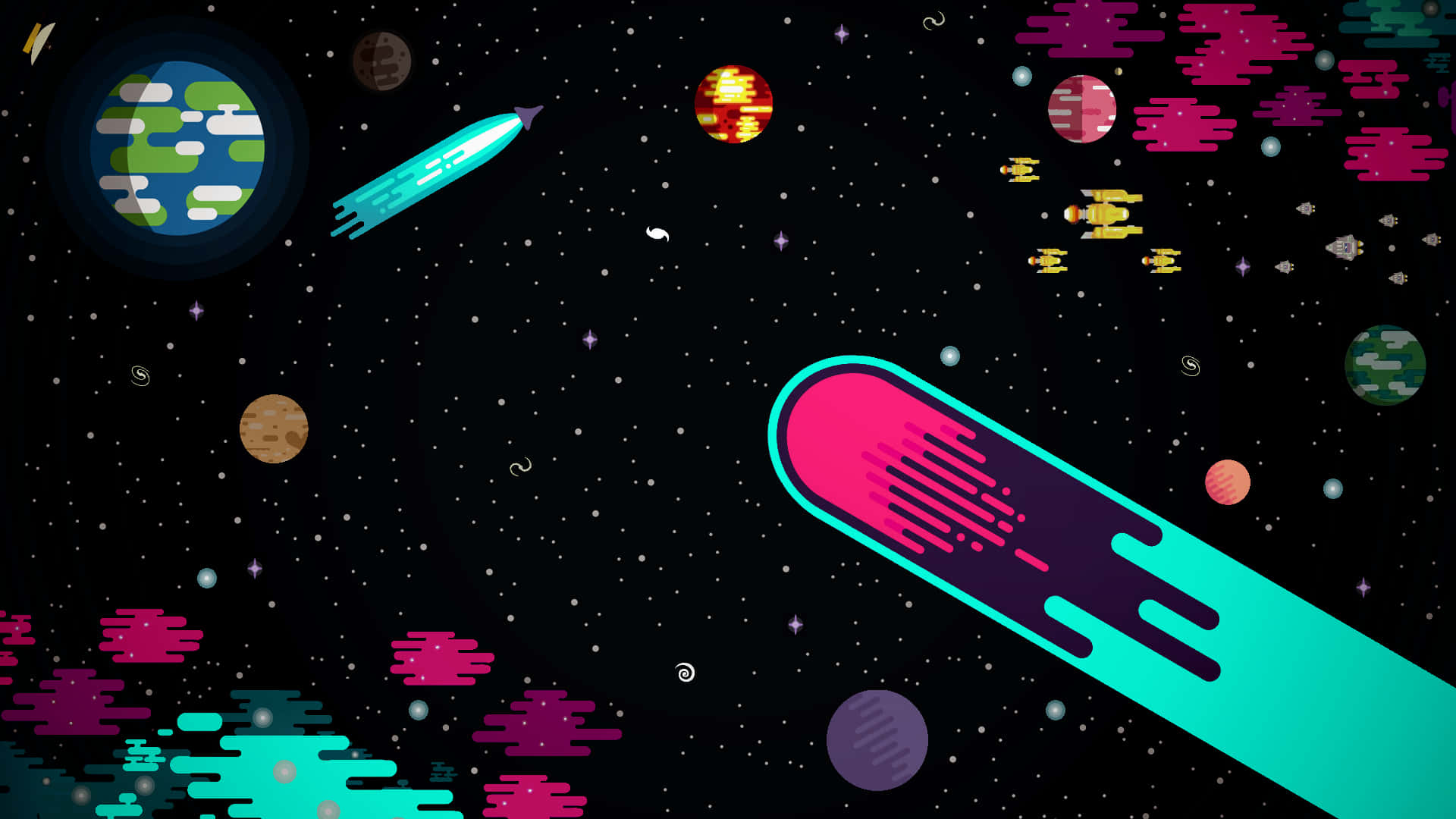 Kurzgesagt 小行星 壁紙 — 充滿活力的像素藝術太空船在色彩繽紛的行星和恆星間疾馳，呈現復古未來主義的宇宙場景。