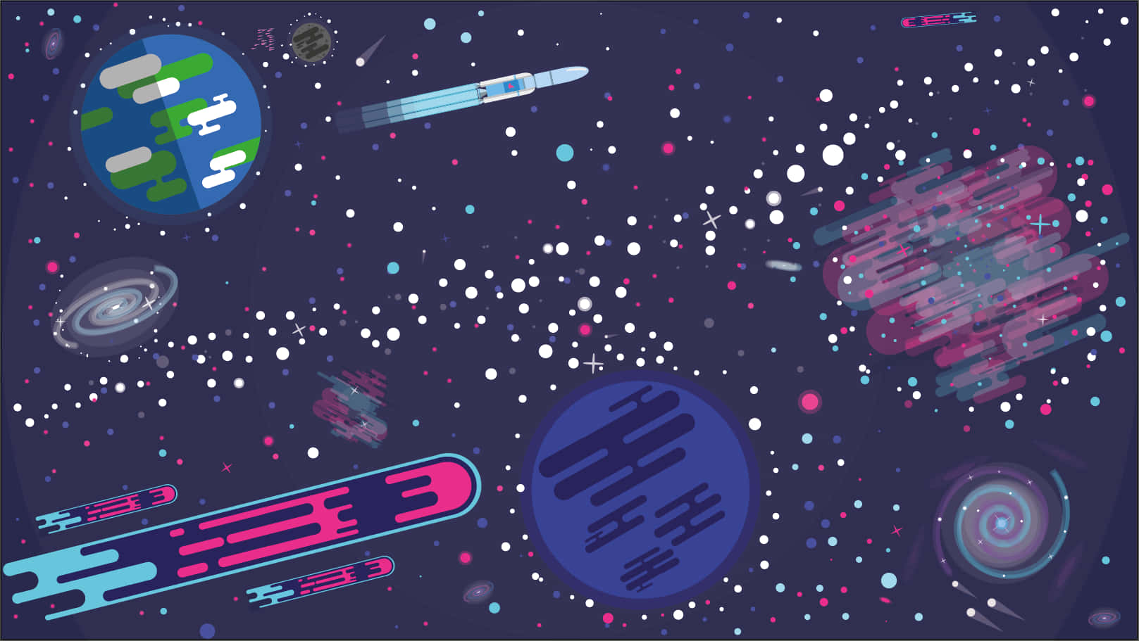 Kurzgesagt 星星 壁紙 — 一個充滿活力的數碼太空場景，有發光的行星、色彩繽紛的星雲和風格化的太空船在閃爍的星星之間漂浮。