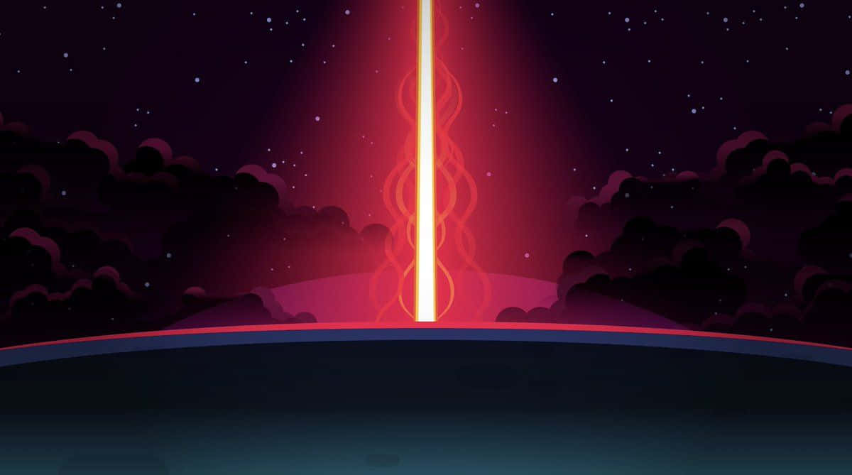 Kurzgesagt 激光 壁紙 — 一道發光的紅色能量光束刺穿星空，上方是彎曲的地平線和烏雲。