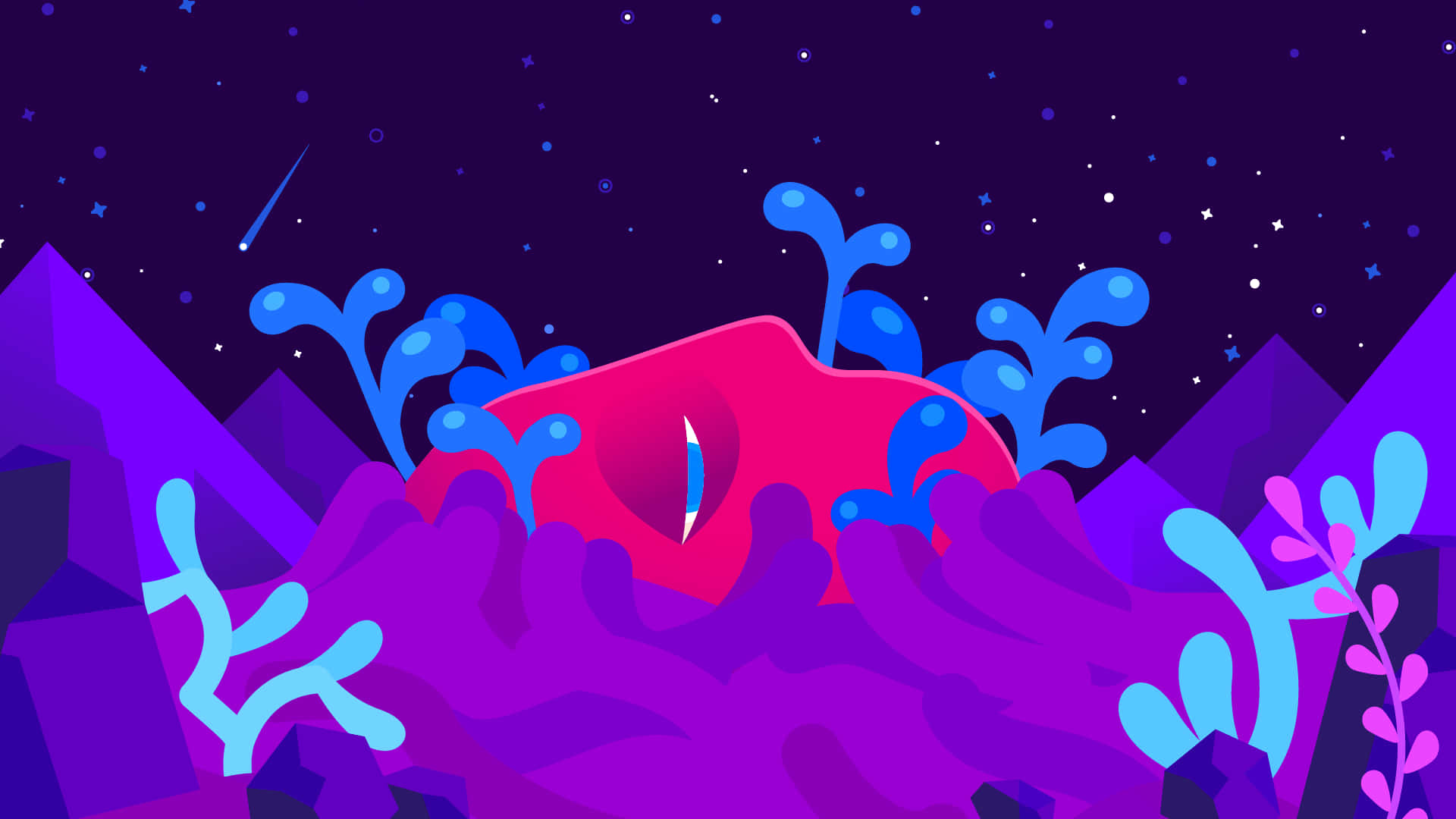 Kurzgesagt 珊瑚 壁紙 — 一個風格化的粉紅色沉睡生物，依偎在發光的紫色山脈之間，星空下有一顆流星。