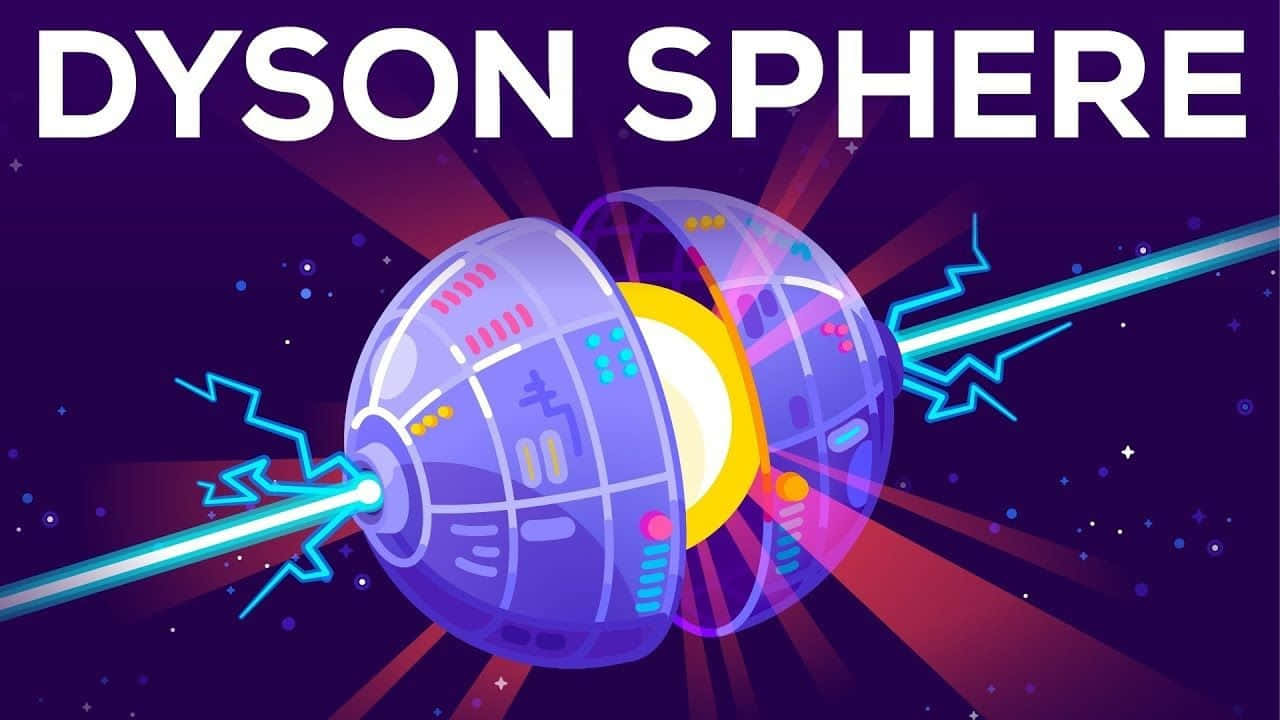 Kurzgesagt 球體 壁紙 — 一個發光的紫色戴森球圍繞著一顆發出藍色能量光束的明亮黃色恆星運行，背景是繁星點點的宇宙。