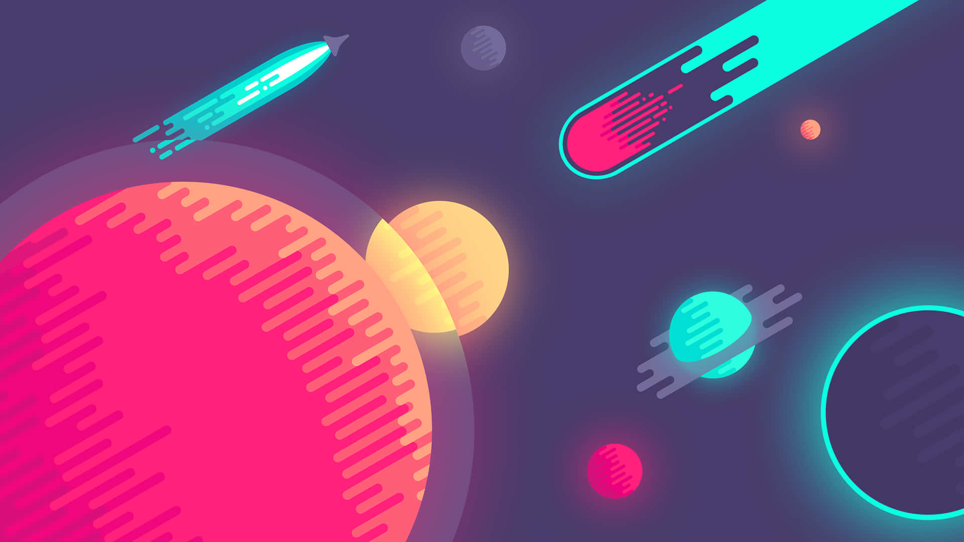 Kurzgesagt 的生動插畫宇宙 壁紙 — 充滿活力的霓虹星球和劃過的太空船在宇宙虛空中滑行，留下發光的軌跡和大膽的幾何形狀。