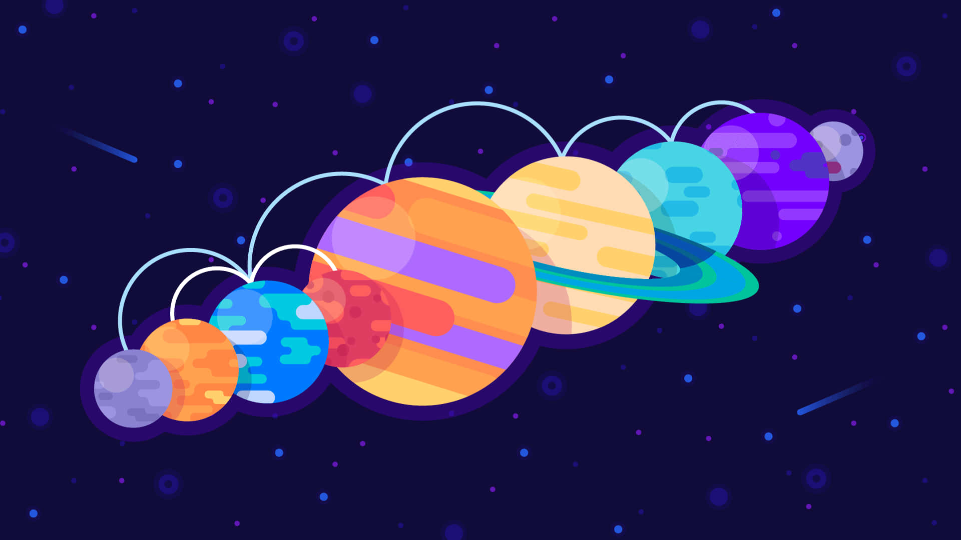 Kurzgesagt 的科學與宇宙 壁紙 — 一個充滿活力的卡通風格太陽系，色彩繽紛的行星和環繞著星空的軌道。