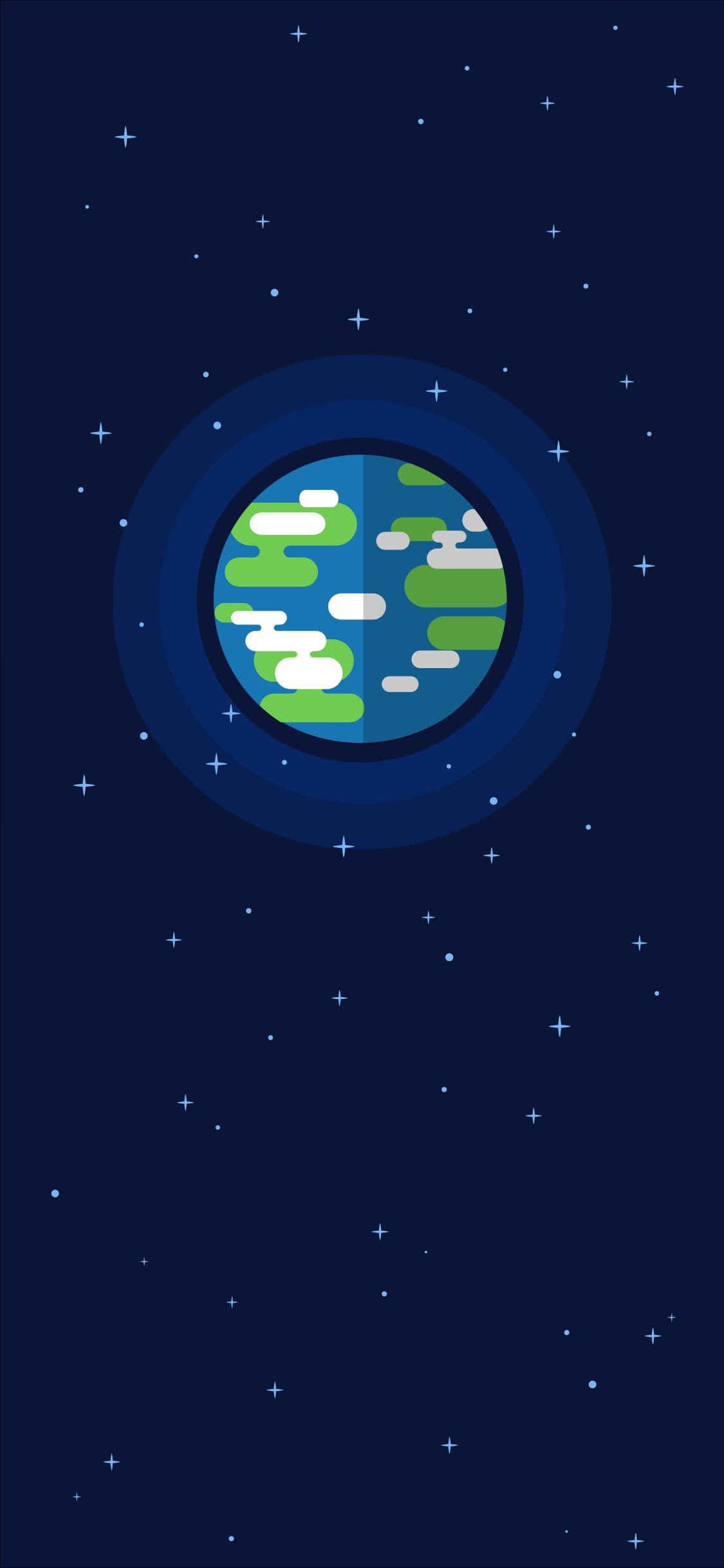 Kurzgesagt 色彩繽紛的卡通科學宇宙 壁紙 — 一個風格化的行星，帶有綠色陸地和白色雲朵，漂浮在繁星點點的深藍色夜空中。