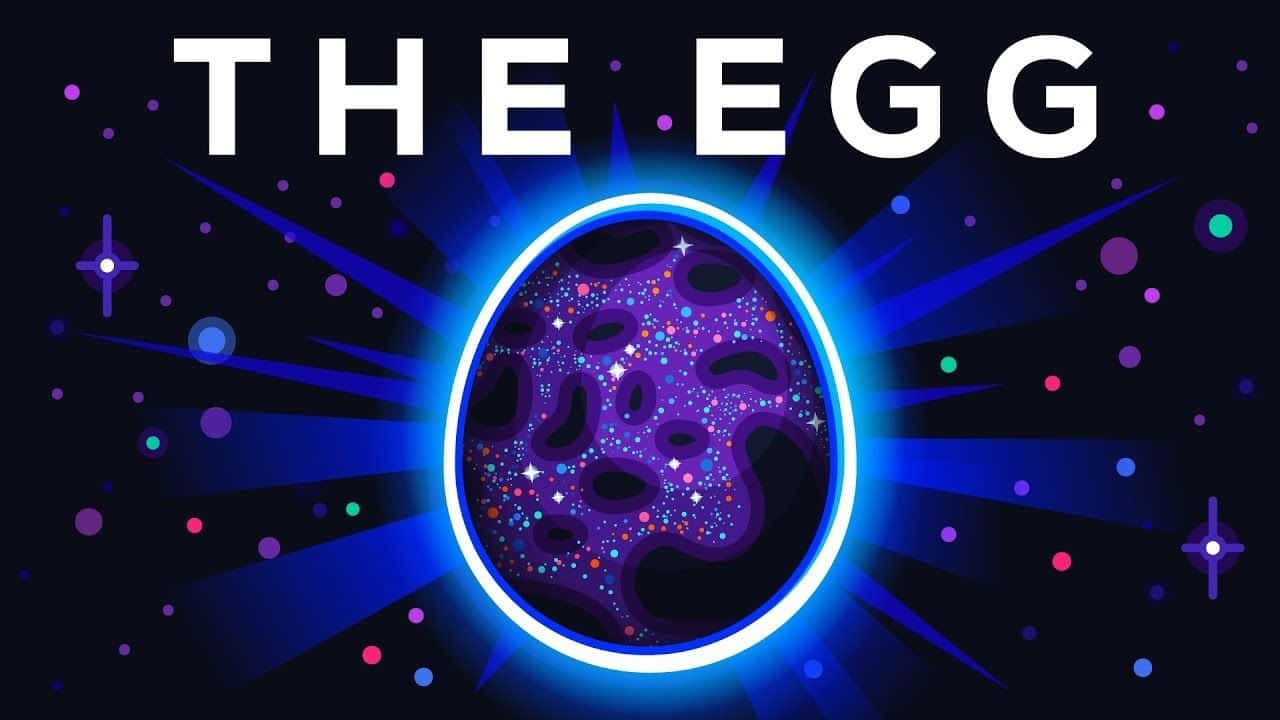 Kurzgesagt 蛋 壁紙 — 一個發光的宇宙蛋，帶有旋轉的紫色星雲圖案，在繁星點點的夜空中散發出明亮的藍光。