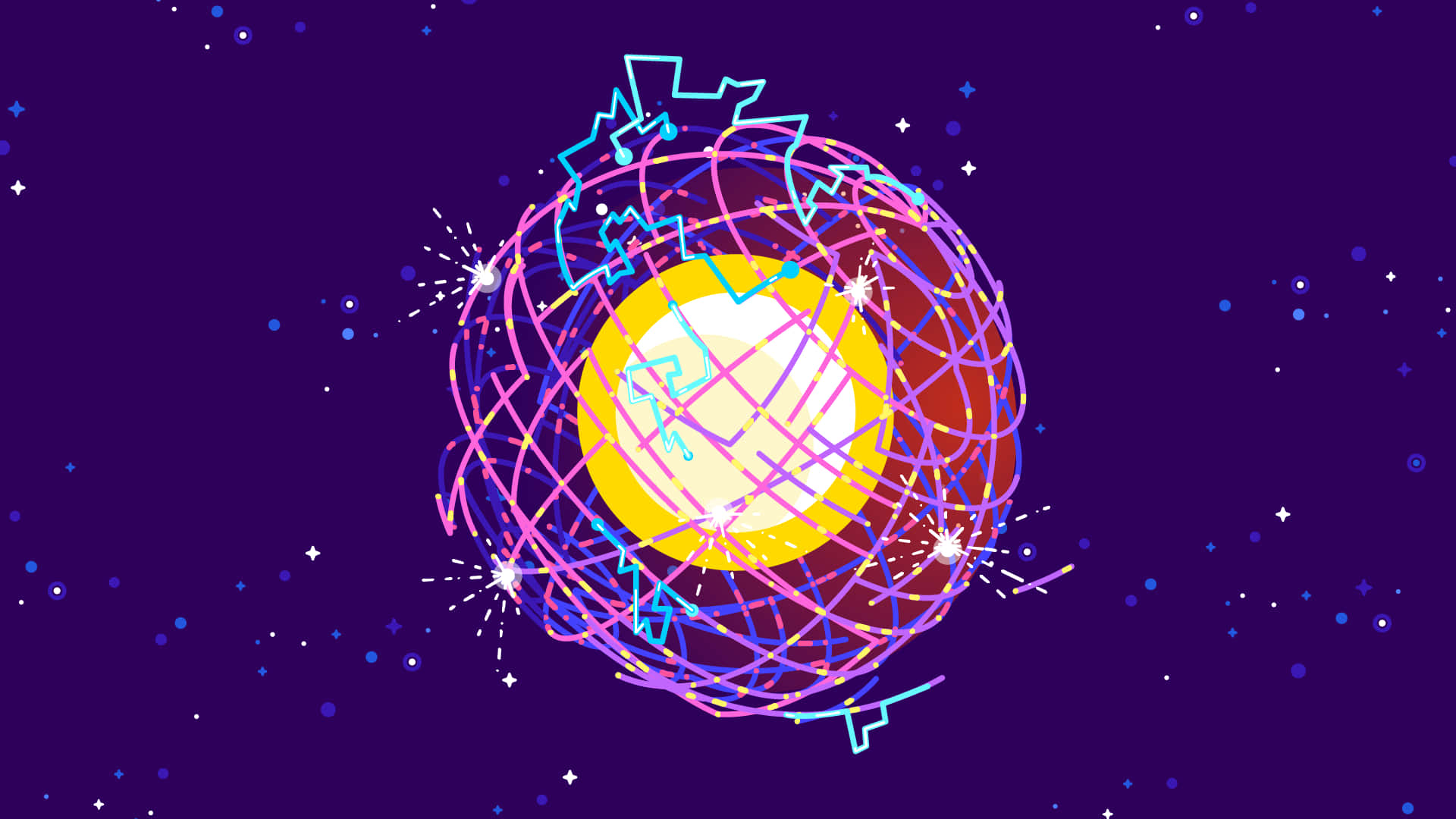 Kurzgesagt 行星核心 壁紙 — 一幅充滿活力的數碼插圖，描繪一個發光的黃色球體，被旋轉的粉紅色、紫色和藍色線條環繞，背景是繁星點點的紫色。