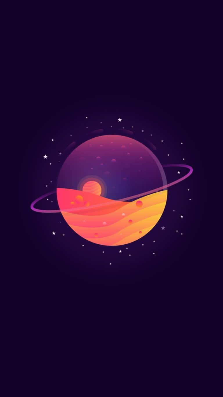 Kurzgesagt 行星環 壁紙 — 一個充滿活力的風格化行星，帶有發光環和深紫色與橙色色調的星空背景。