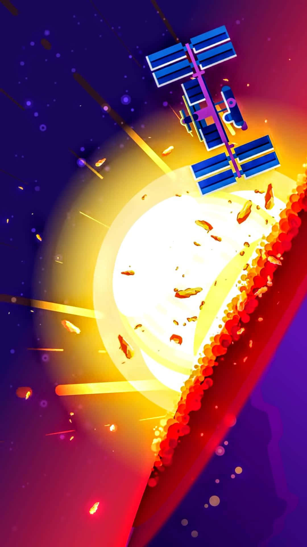 Kurzgesagt 行星碰撞 壁紙 — 一個充滿活力的數碼藝術太空站圍繞著一顆發光的行星運行，伴隨著熾熱的碎片和耀眼的光條，背景是宇宙。