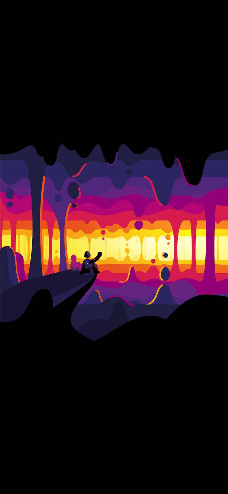 Kurzgesagt 酷炫簡約背景 壁紙 — 一個孤獨的身影站在黑暗的懸崖上，俯瞰著一個充滿活力的超現實峽谷，散發著熾熱的橙色和紫色色調。