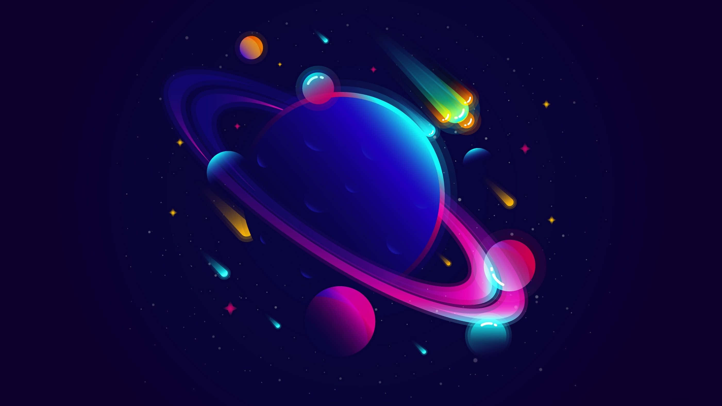 Kurzgesagt 鳥與生動宇宙 壁紙 — 一個充滿活力的數碼星球，帶有發光環和色彩繽紛的流星劃過星光宇宙背景。