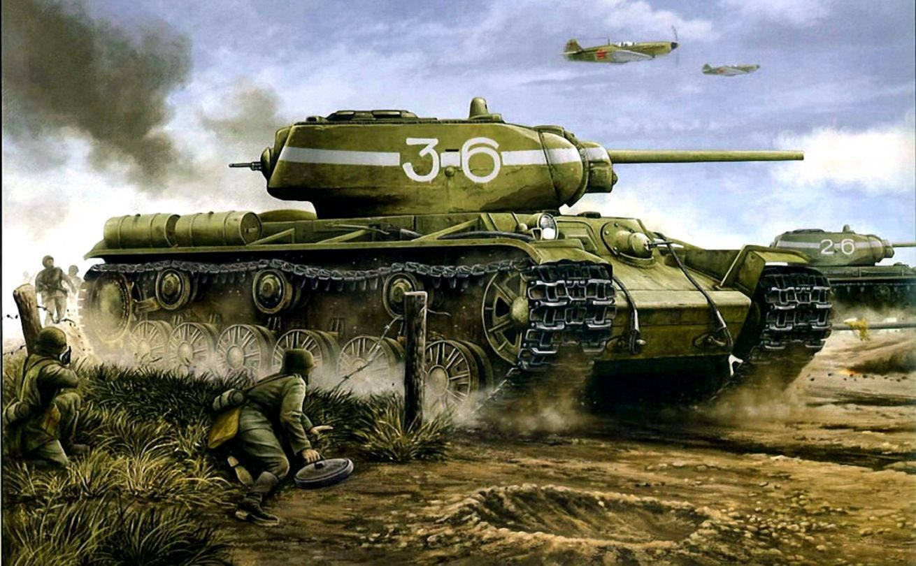 俄羅斯KV-1坦克模型 壁紙 — 一輛綠色蘇聯坦克，編號3-6，在泥濘地形中向前衝鋒，士兵們尋找掩護，飛機在頭頂飛過。