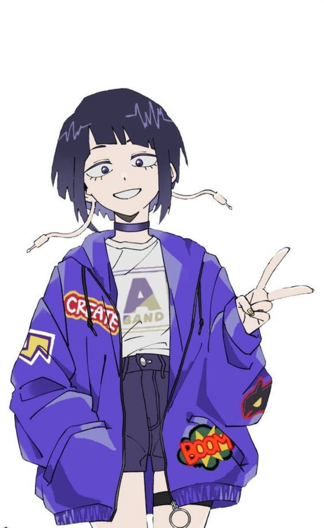 穿紫色外套的動漫女孩微笑比出和平手勢