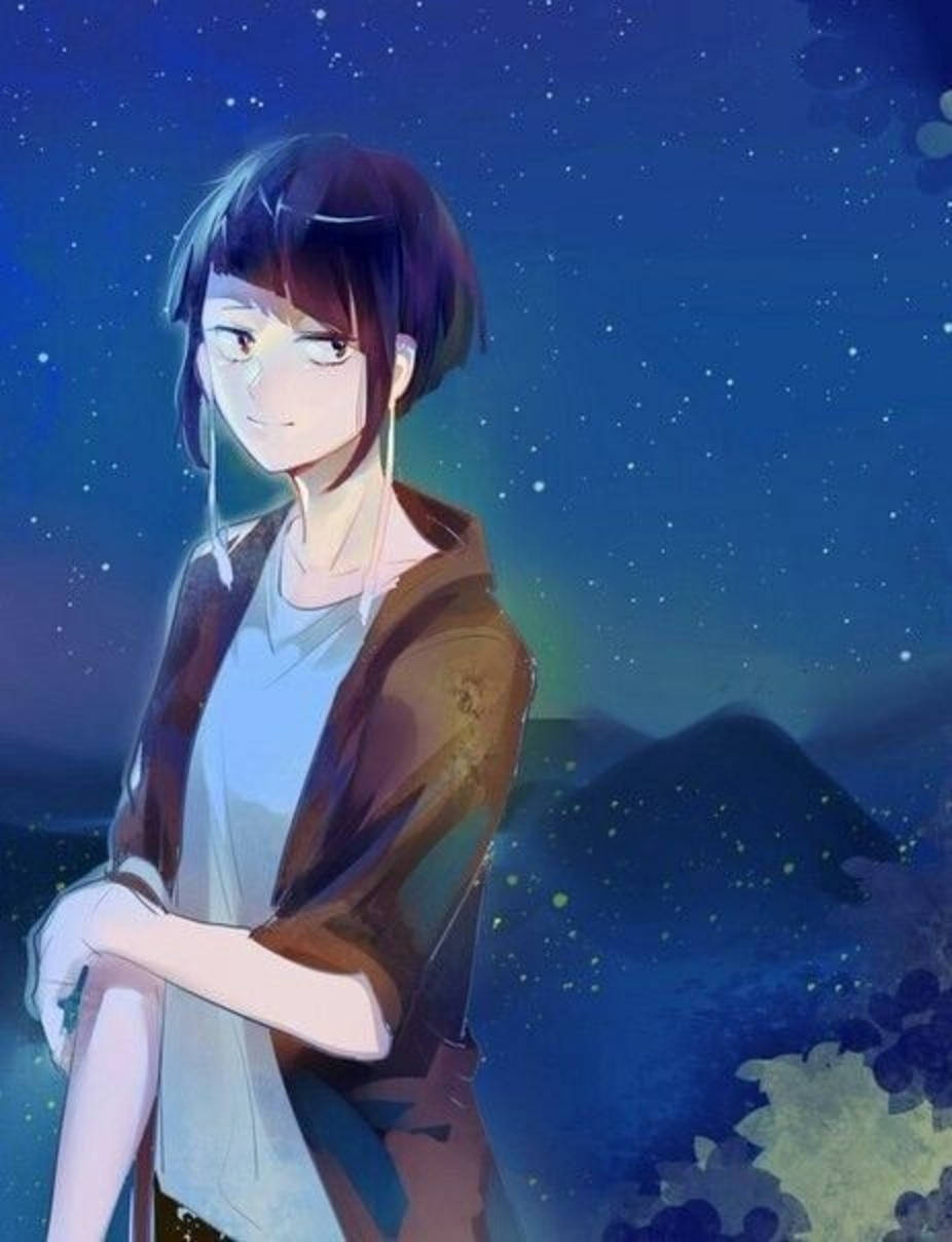 Kyka Jir美麗 壁紙 — 一位短黑髮的年輕動漫女孩在星空下微笑，背景是發光的山脈。
