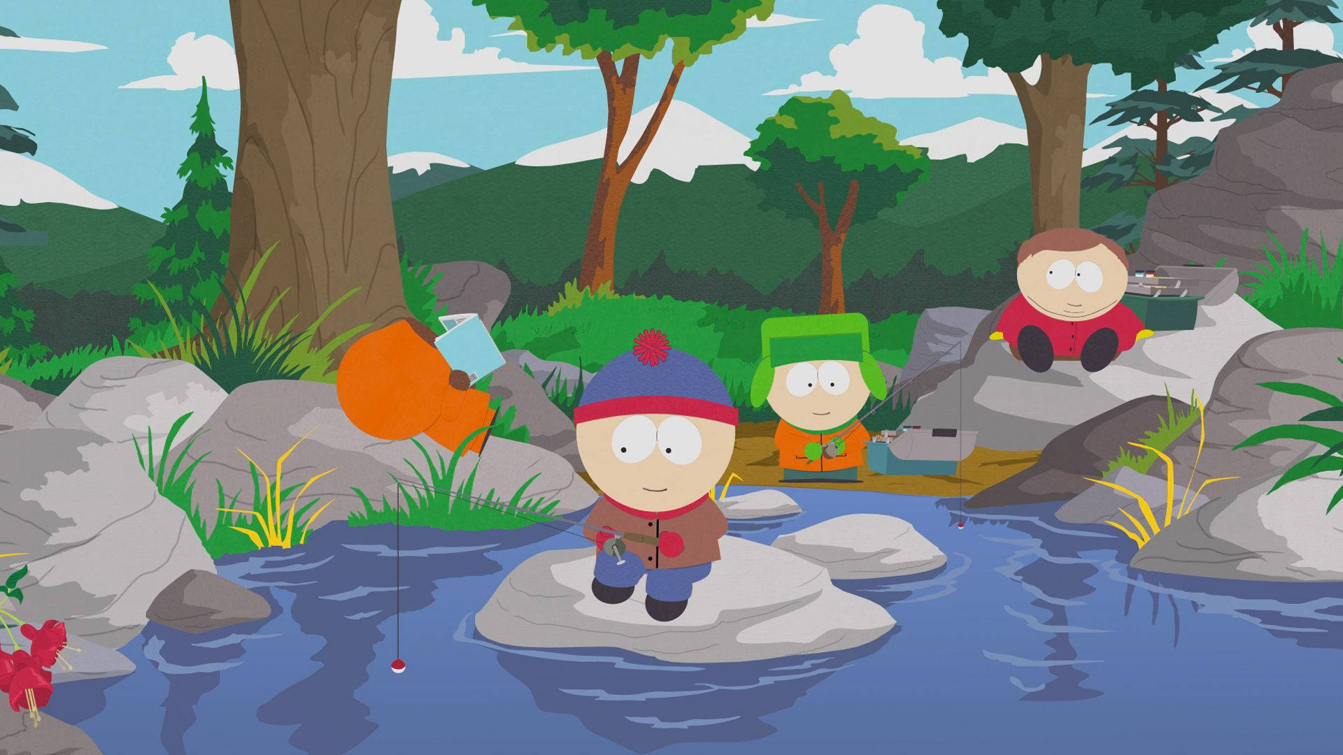 Kyle Broflovski、Eric Cartman、Stan 和 Kenny 一同釣魚 壁紙 — 三個卡通男孩在森林溪流中的岩石上釣魚，背景有山脈和樹木。