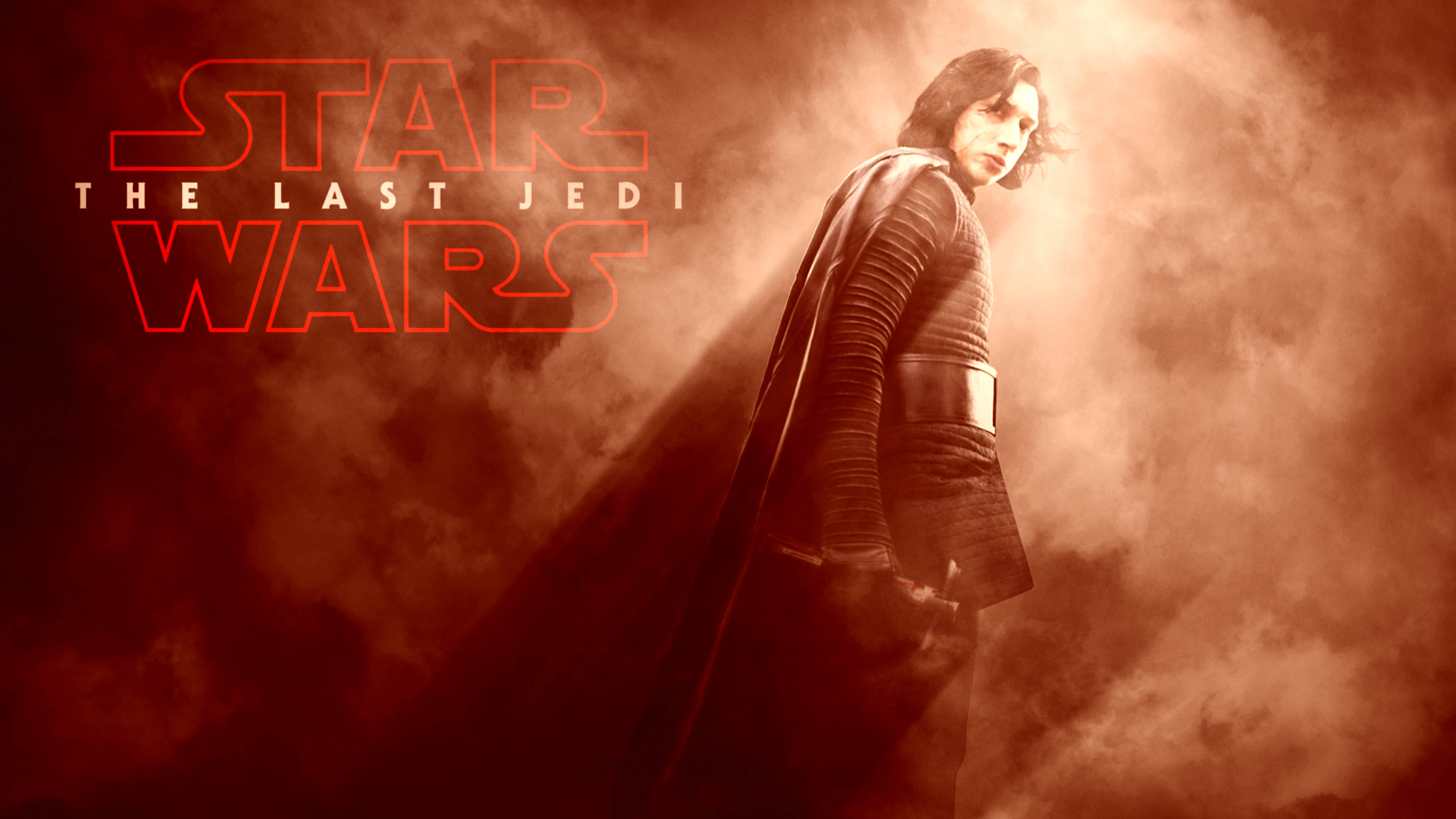 Kylo Ren 在《星際大戰》中的首度亮相 壁紙 — 凱羅·忍站在煙霧般的紅光中，背後閃耀著《星球大戰：最後的絕地武士》的標題。