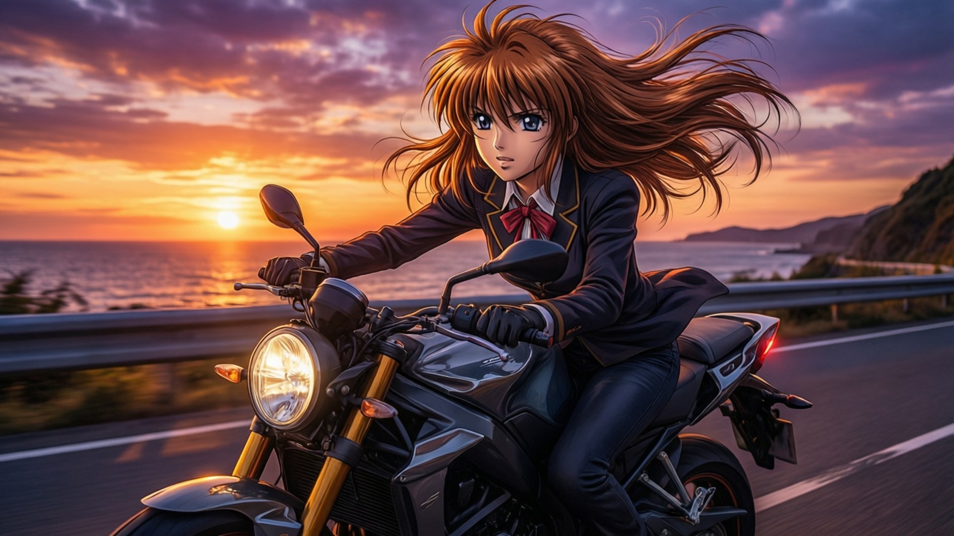 動漫女孩在日落時分騎摩托車行駛在海岸公路上，風吹動她的頭髮