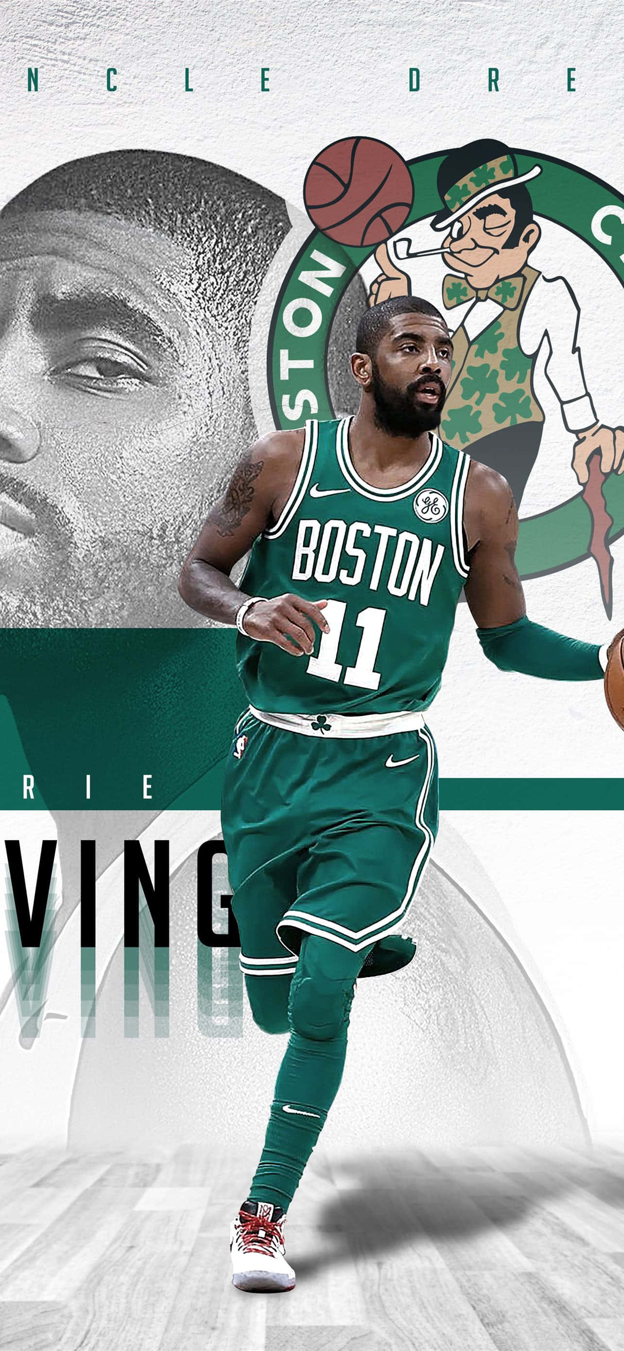 Kyrie Irving 的旗艦 iPhone 壁紙 — 籃球運動員凱里·歐文身穿綠色波士頓塞爾特人球衣運球，背景有球隊標誌和吉祥物。
