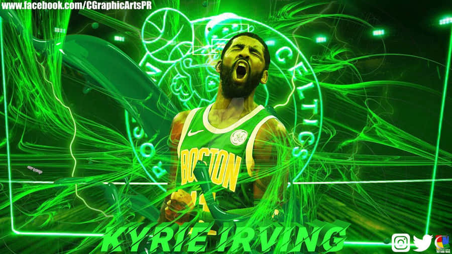 Kyrie Irving 一如既往地酷 壁紙 — Kyrie Irving 身穿波士頓塞爾特人球衣，在螢光綠色能量線和發光球隊標誌中咆哮。