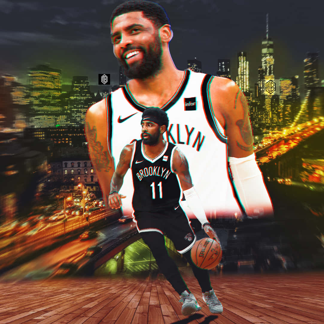 Kyrie Irving 保持冷靜 壁紙 — 一名身穿布魯克林球衣的籃球運動員在夜間發光的城市天際線背景下運球，帶有動態模糊效果。