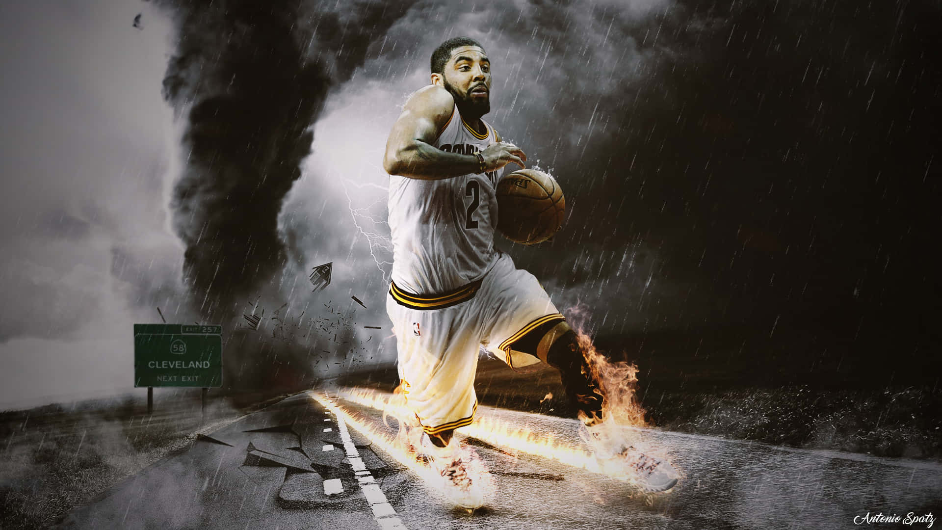 Kyrie Irving 保持時尚冷靜風範 壁紙 — 一名身穿白色球衣的籃球運動員在暴風雨中運球，腳後拖著火焰，身後閃電劈裂。