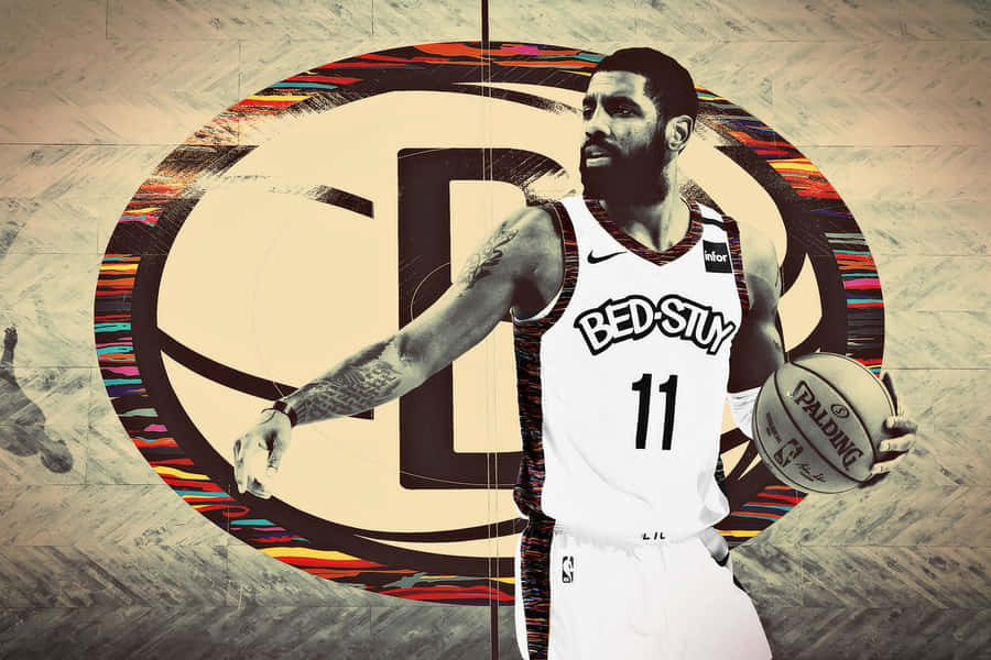「Kyrie Irving 保持酷勁」 壁紙 — 一名身穿 'BEDSTUY' 球衣的籃球運動員，在風格化的圓形標誌背景前手持 Spalding 籃球。