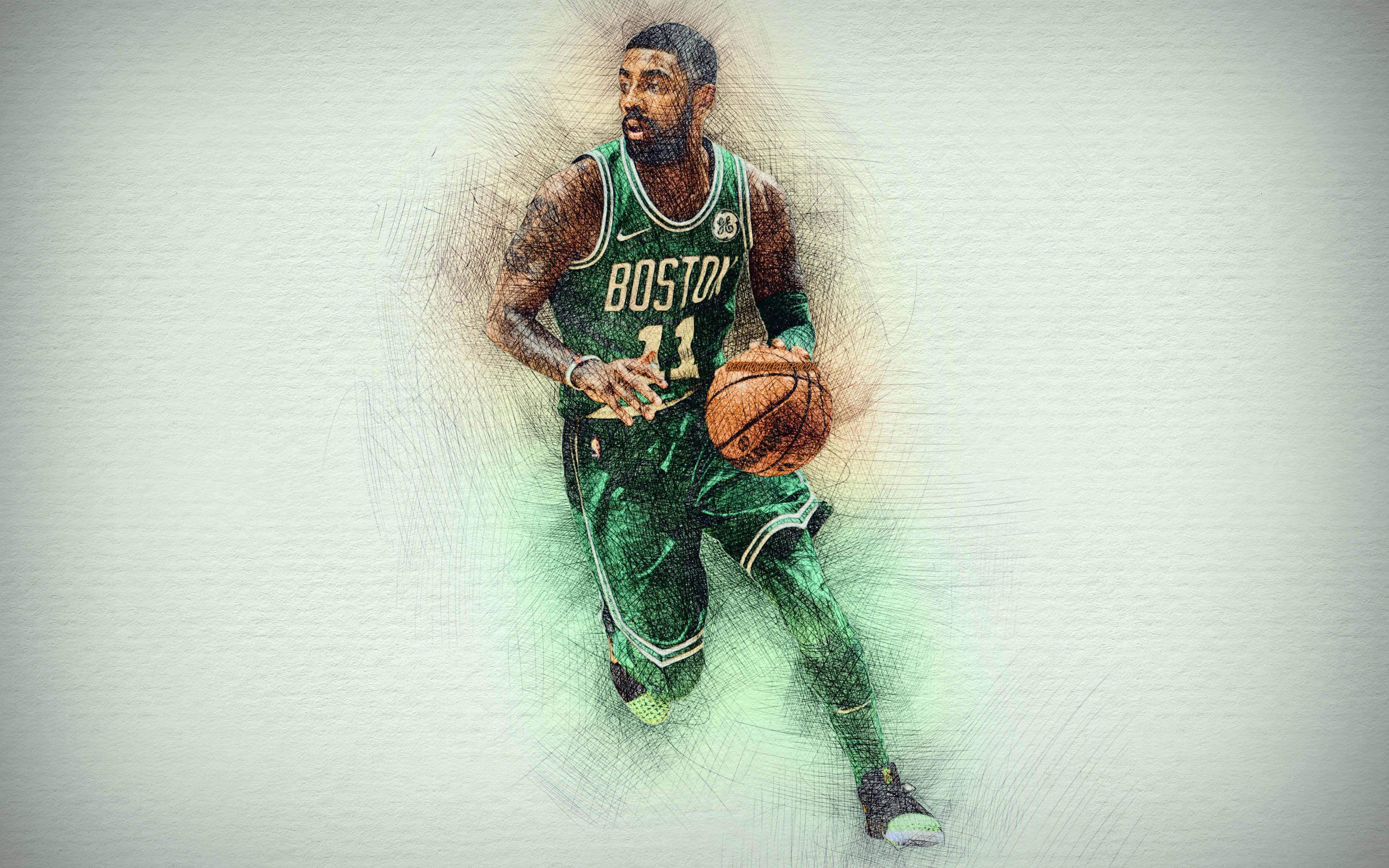 Kyrie Irving 冷靜自信黑白肖像 壁紙 — 一名身穿綠色波士頓球衣的籃球運動員在淺灰色背景上運球，身體周圍散發出動態的素描線條。
