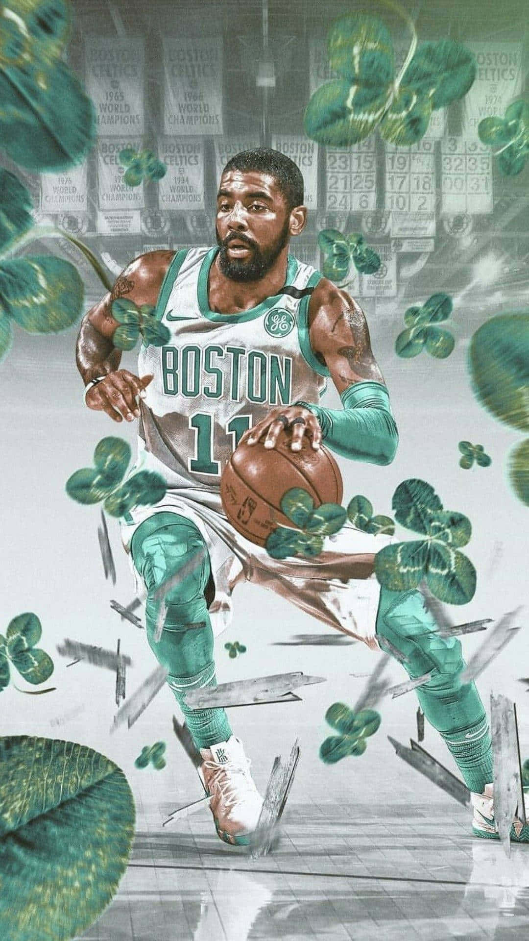 Kyrie Irving 在 NBA 賽場上依然瀟灑 壁紙 — 一名身穿波士頓塞爾特人球衣的籃球運動員，帶著堅定的表情，在飄浮的三葉草和碎玻璃之間運球。