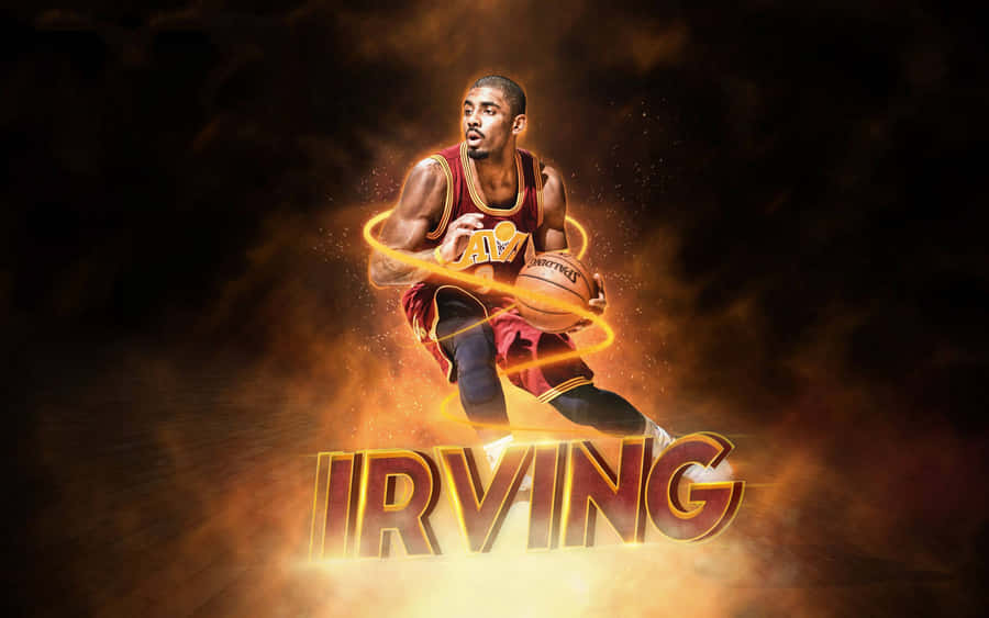 Kyrie Irving 在籃球賽中展現酷炫風采 壁紙 — 一名身穿栗色球衣的籃球運動員在黑暗煙霧背景中，被發光的橙色能量包圍著運球。