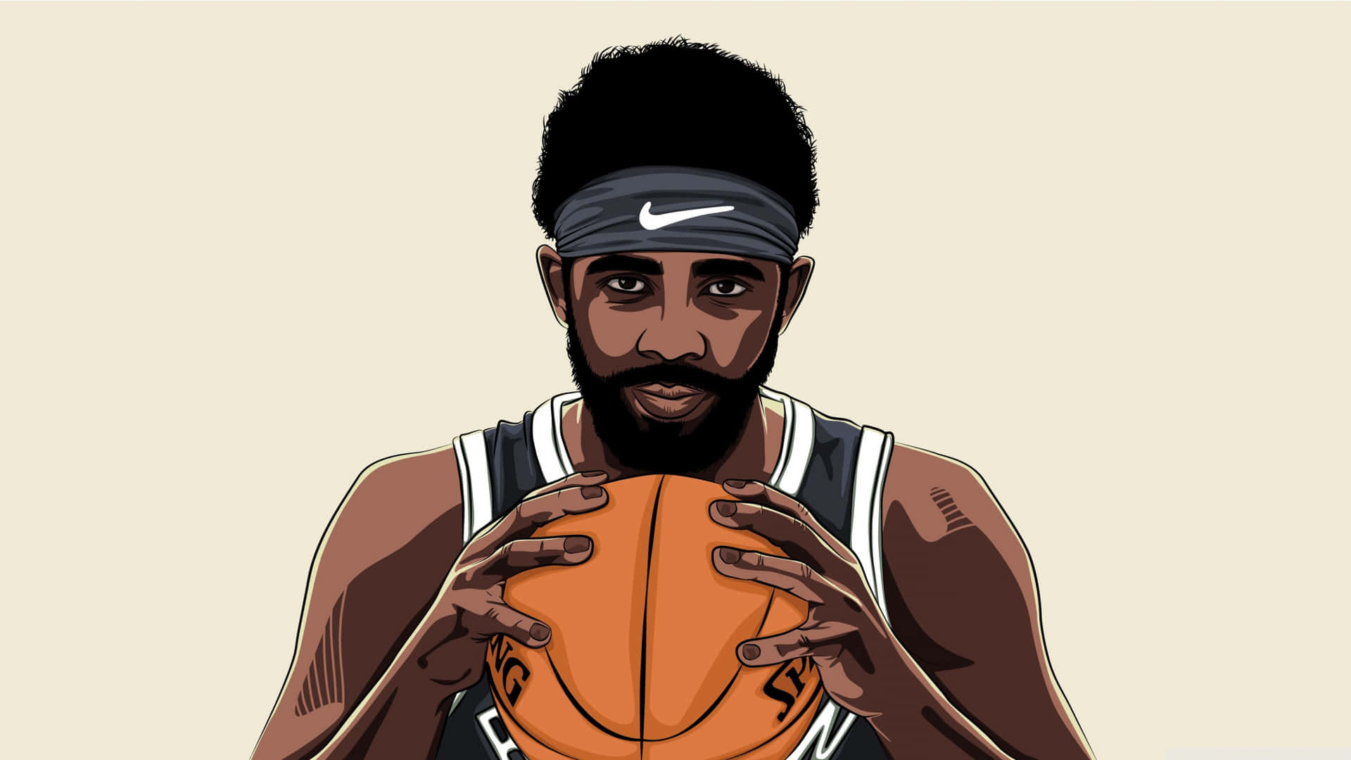 Kyrie Irving 場上保持冷靜 壁紙 — 一個風格化的插圖，描繪一位留鬍子的籃球運動員，手持橙色球，目光專注，背景為米色。